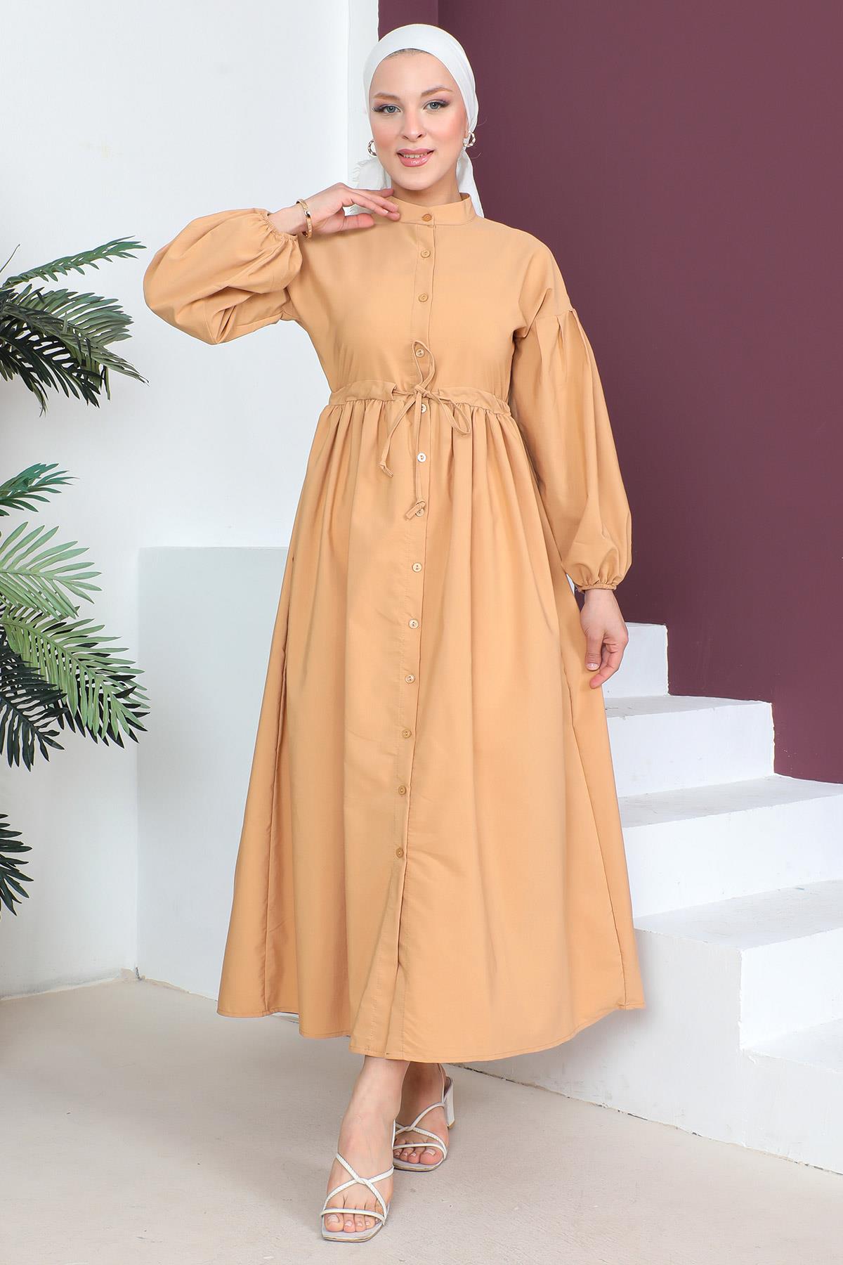 Boydan Düğmeli Balon Kol Elbise Camel
