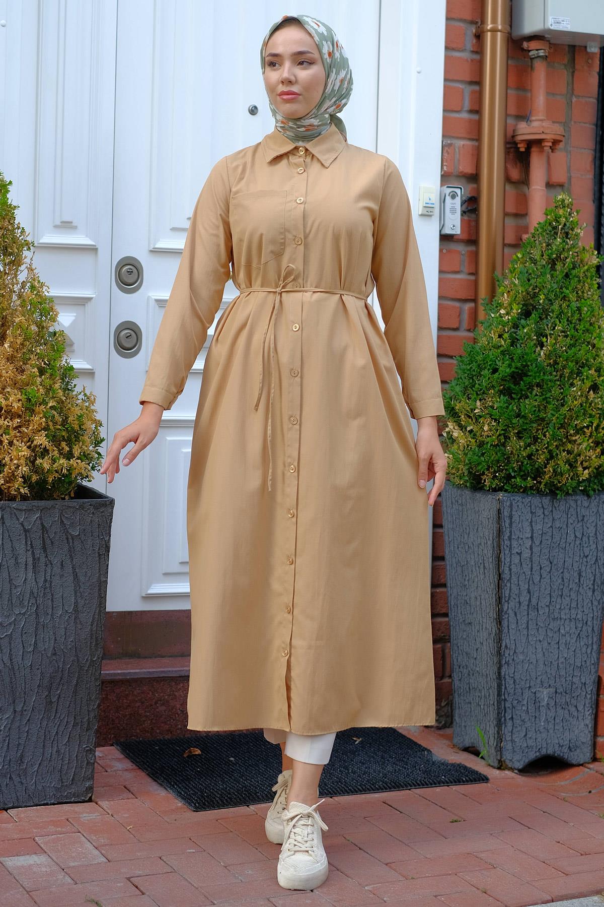 Boydan Düğmeli Gömlek Elbise Camel HM2223