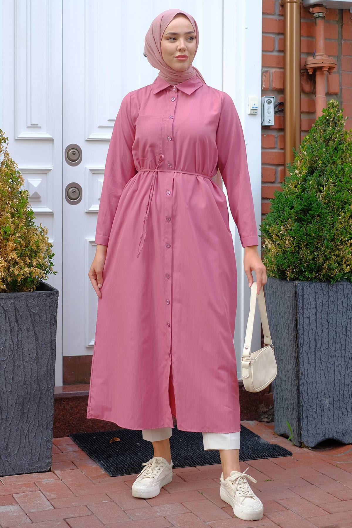 Boydan Düğmeli Gömlek Elbise Gül Kurusu HM2223