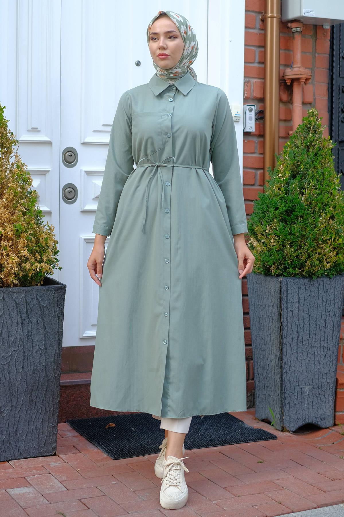 Boydan Düğmeli Gömlek Elbise Mint HM2223