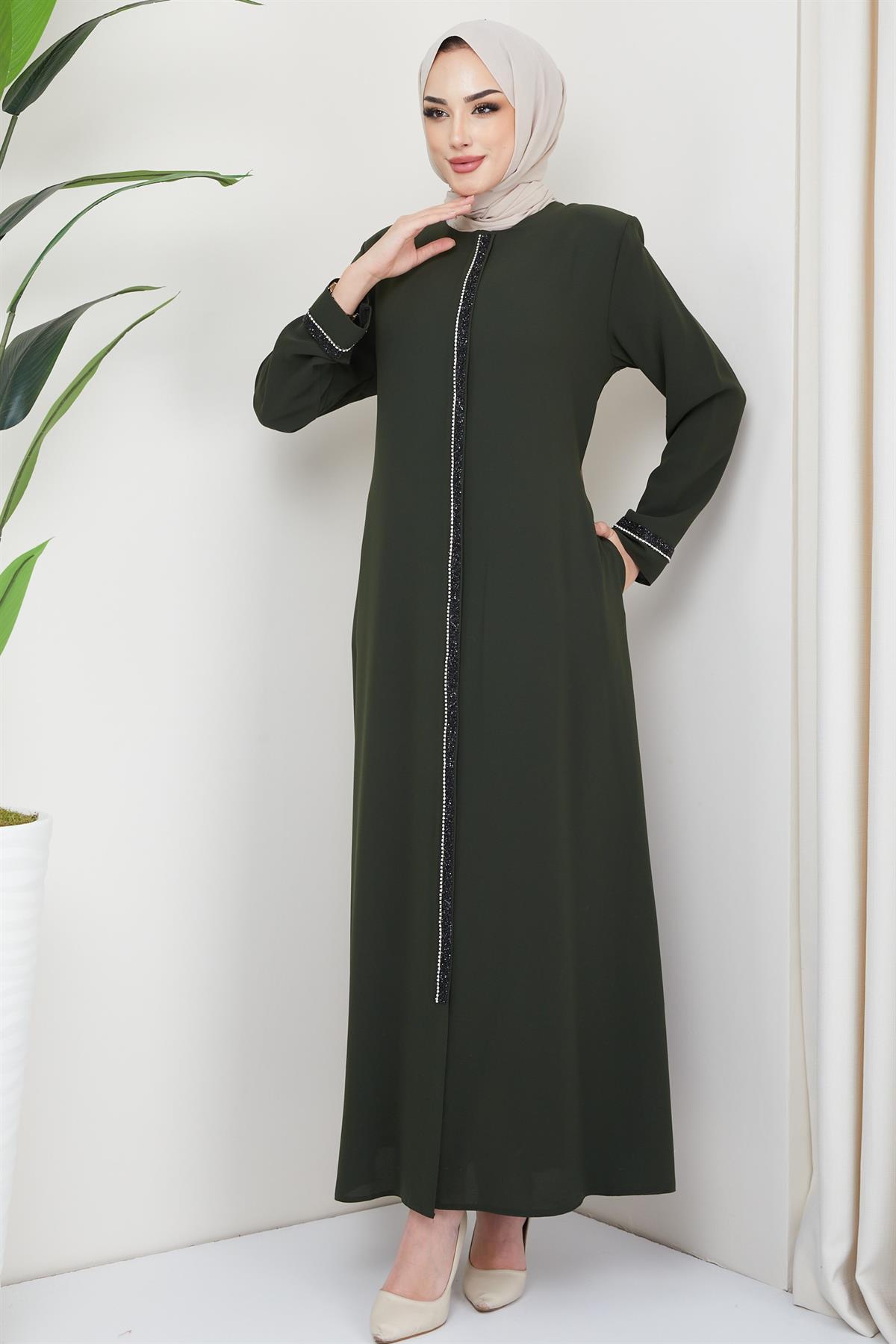 Boydan Taş İşlemeli Ferace Haki