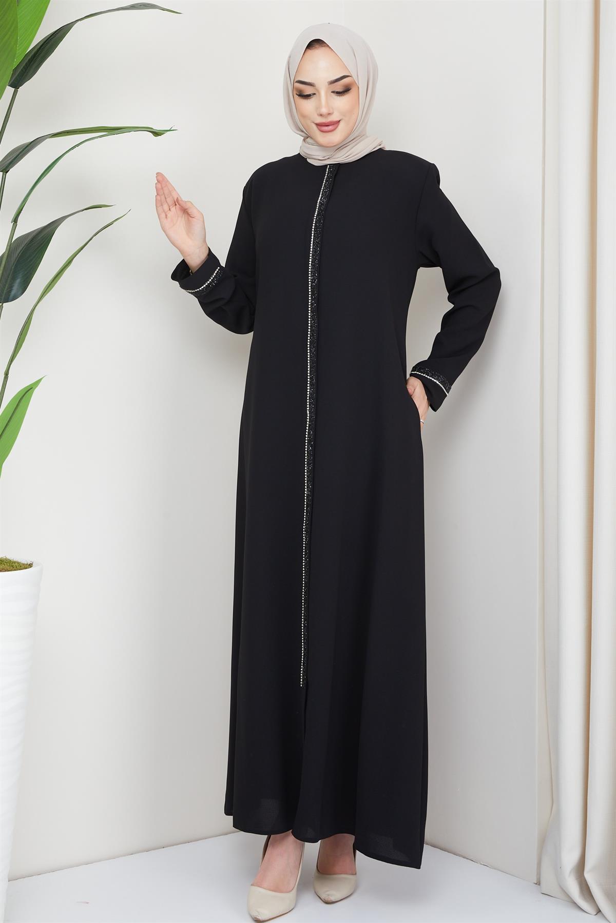 Boydan Taş İşlemeli Ferace Siyah