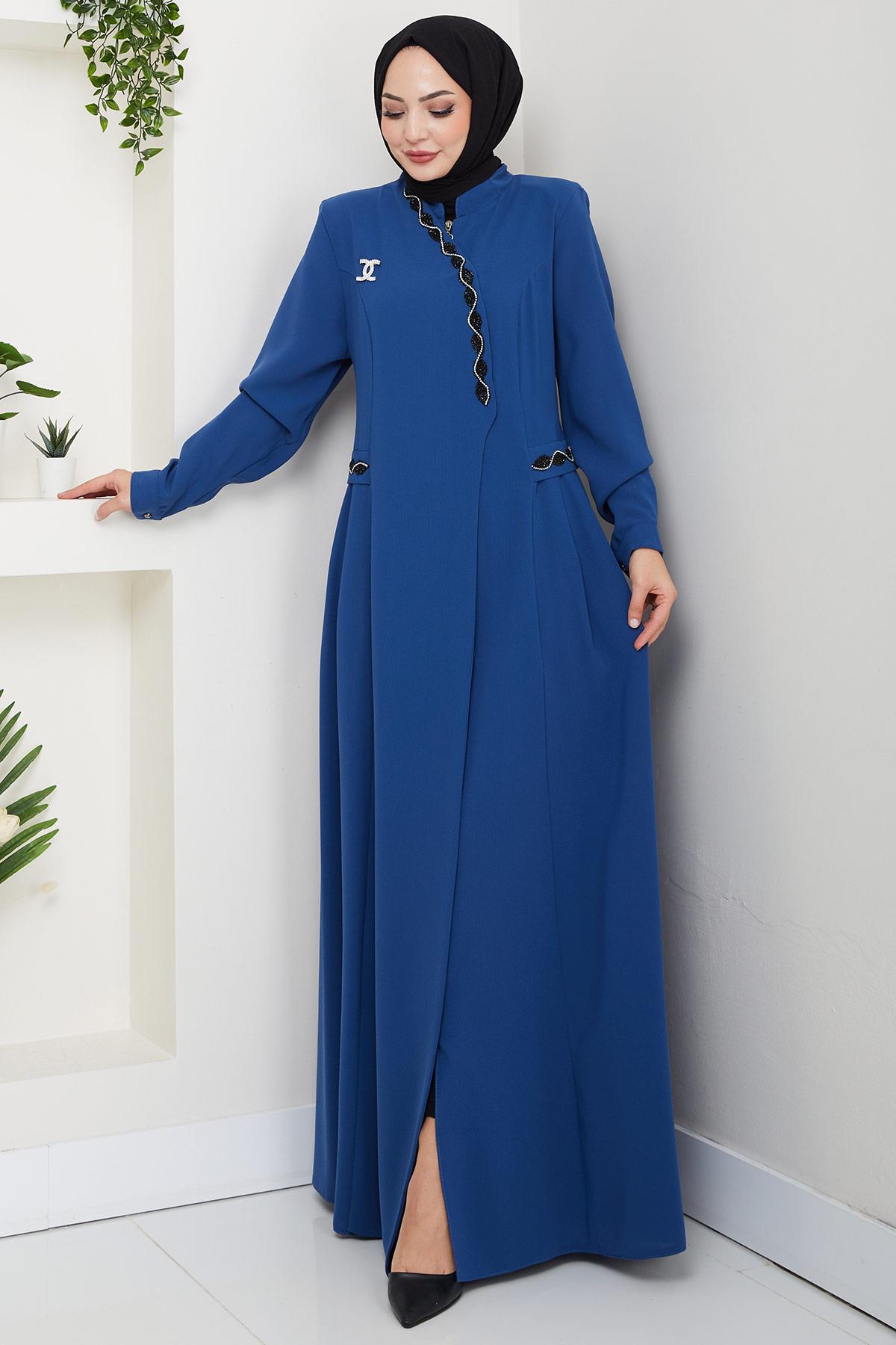 Broşlu Büyük Beden Ferace İndigo HM2843