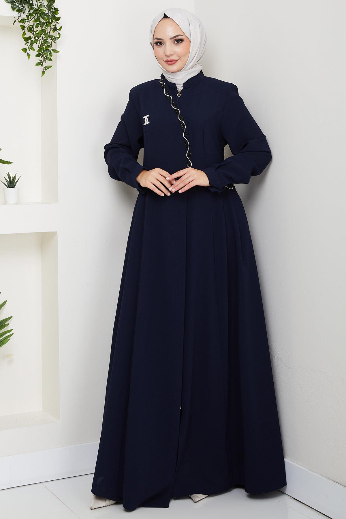 Broşlu Büyük Beden Ferace Lacivert HM2843