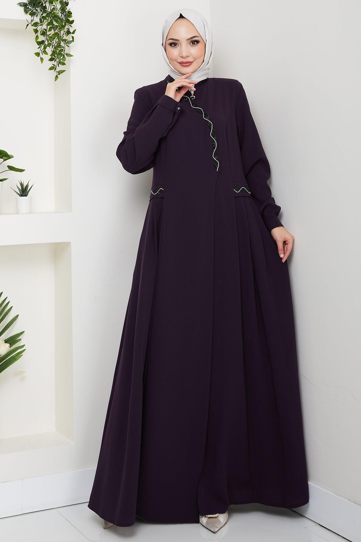 Broşlu Büyük Beden Ferace Mürdüm HM2843