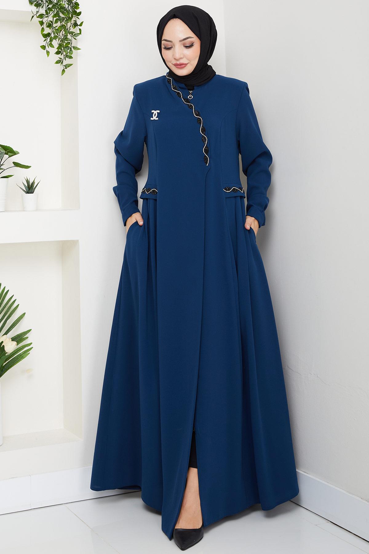 Broşlu Büyük Beden Ferace Petrol HM2843