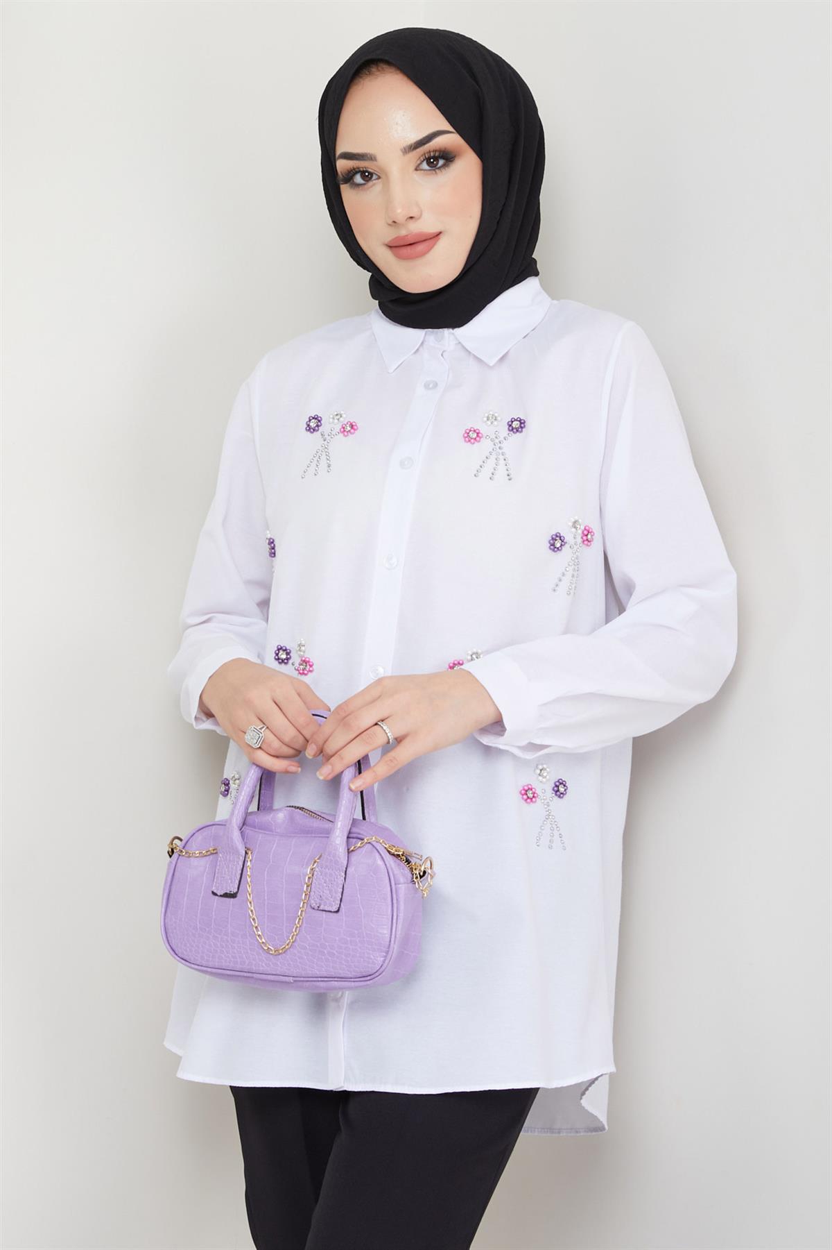 Buket Taş Detaylı Tunik Beyaz