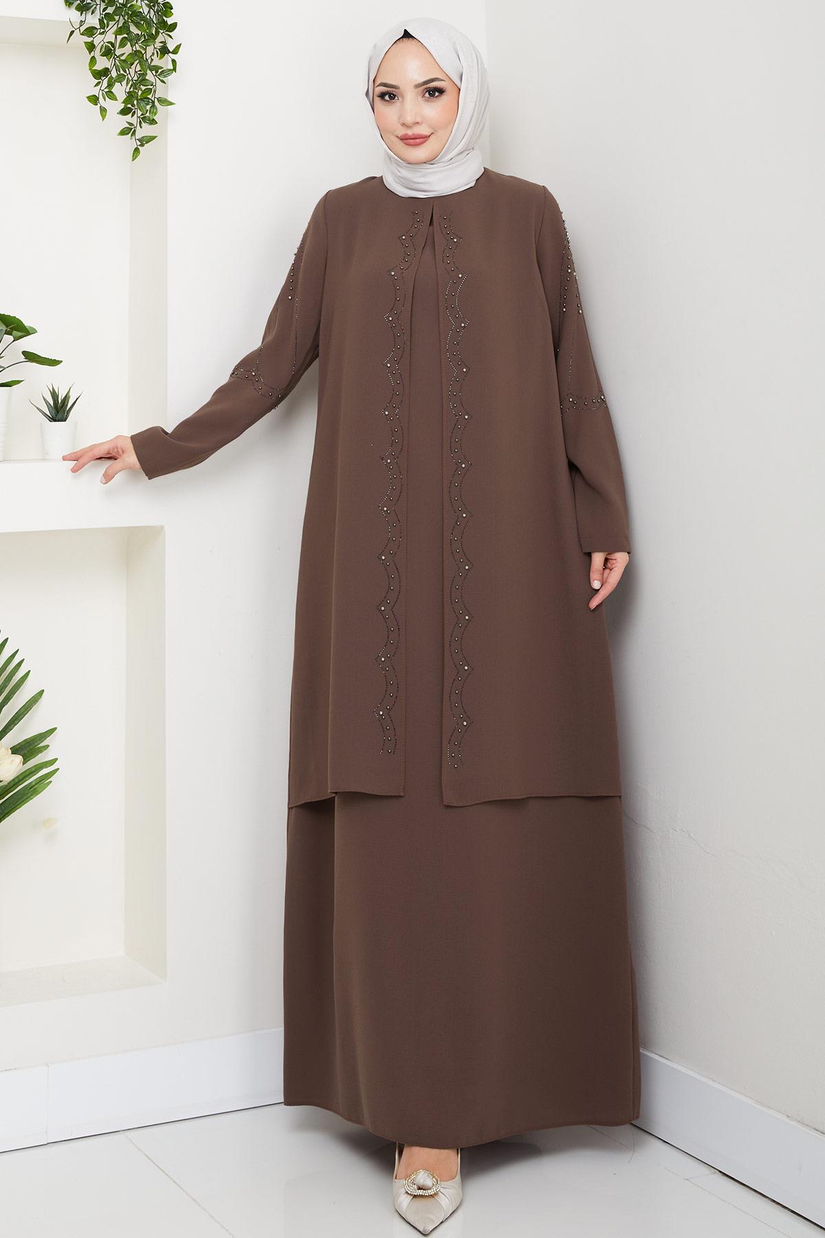 Büyük Beden Boncuklu Taşlı Anne Elbisesi Kahverengi HM2693