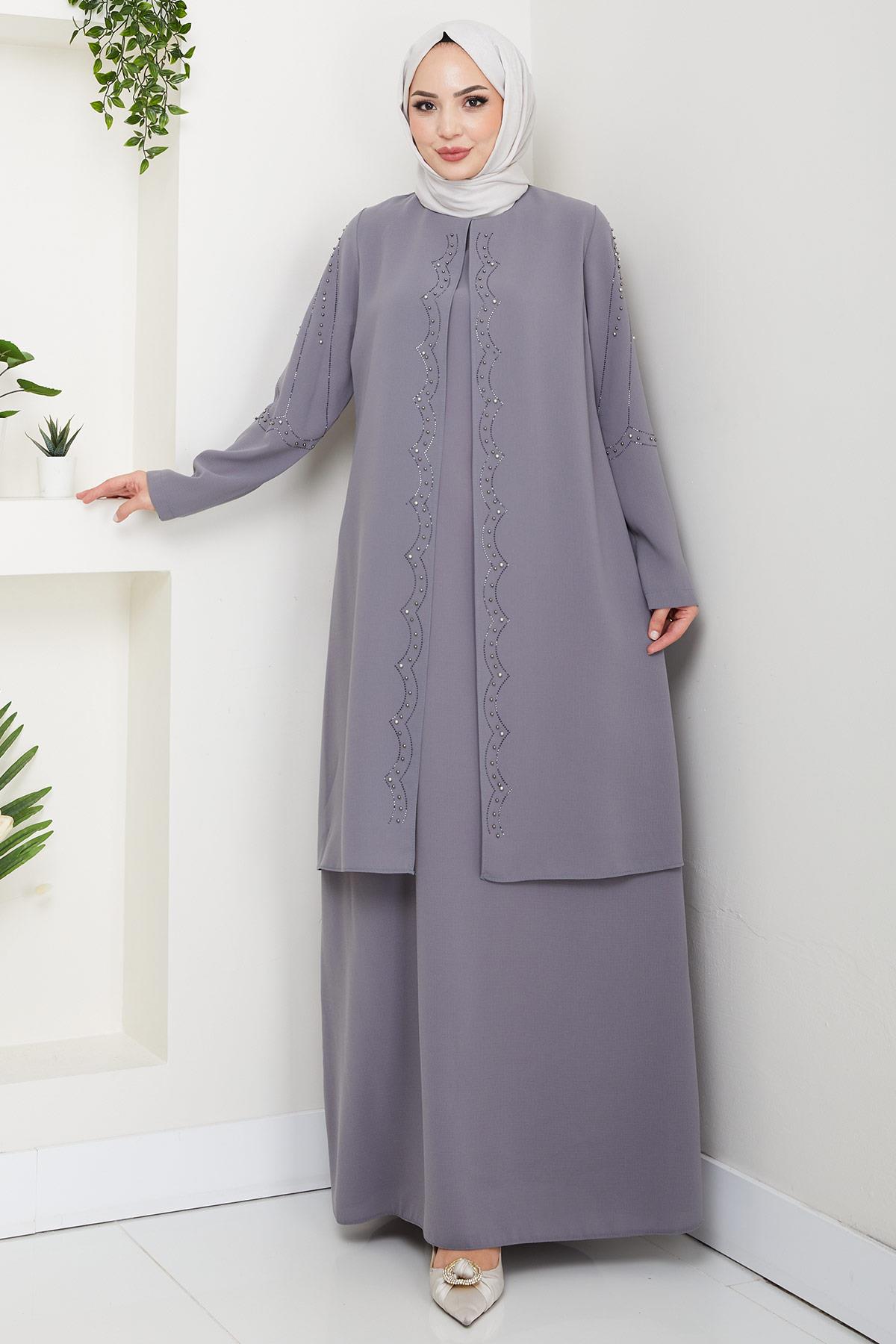 Büyük Beden Boncuklu Taşlı Anne Elbisesi Gri HM2693