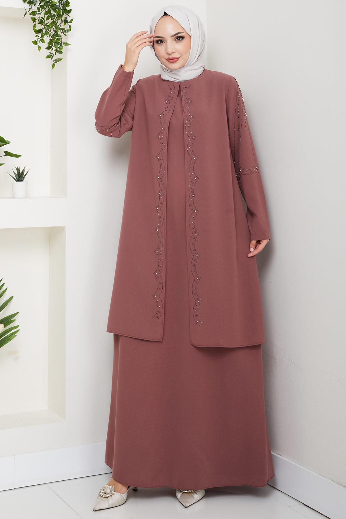 Büyük Beden Boncuklu Taşlı Anne Elbisesi Kiremit HM2693