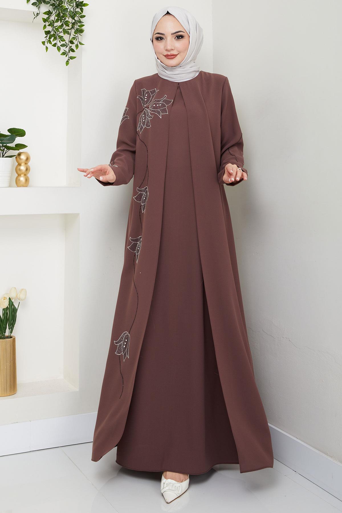 Büyük Beden Lale Taşlı Anne Elbisesi Kahverengi HM2692