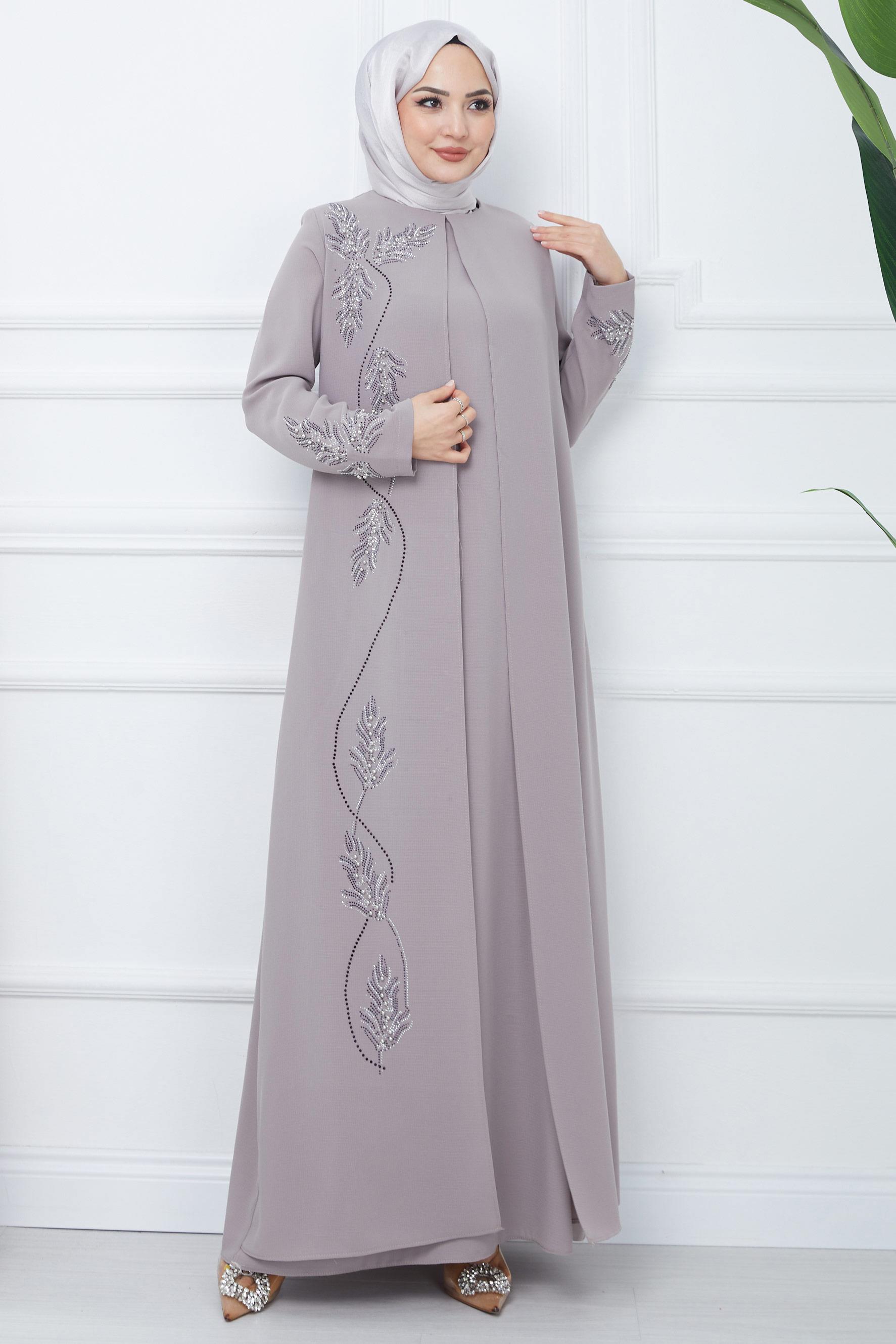 Büyük Beden Yaprak Taşlı Anne Elbisesi Taş Rengi HM2350