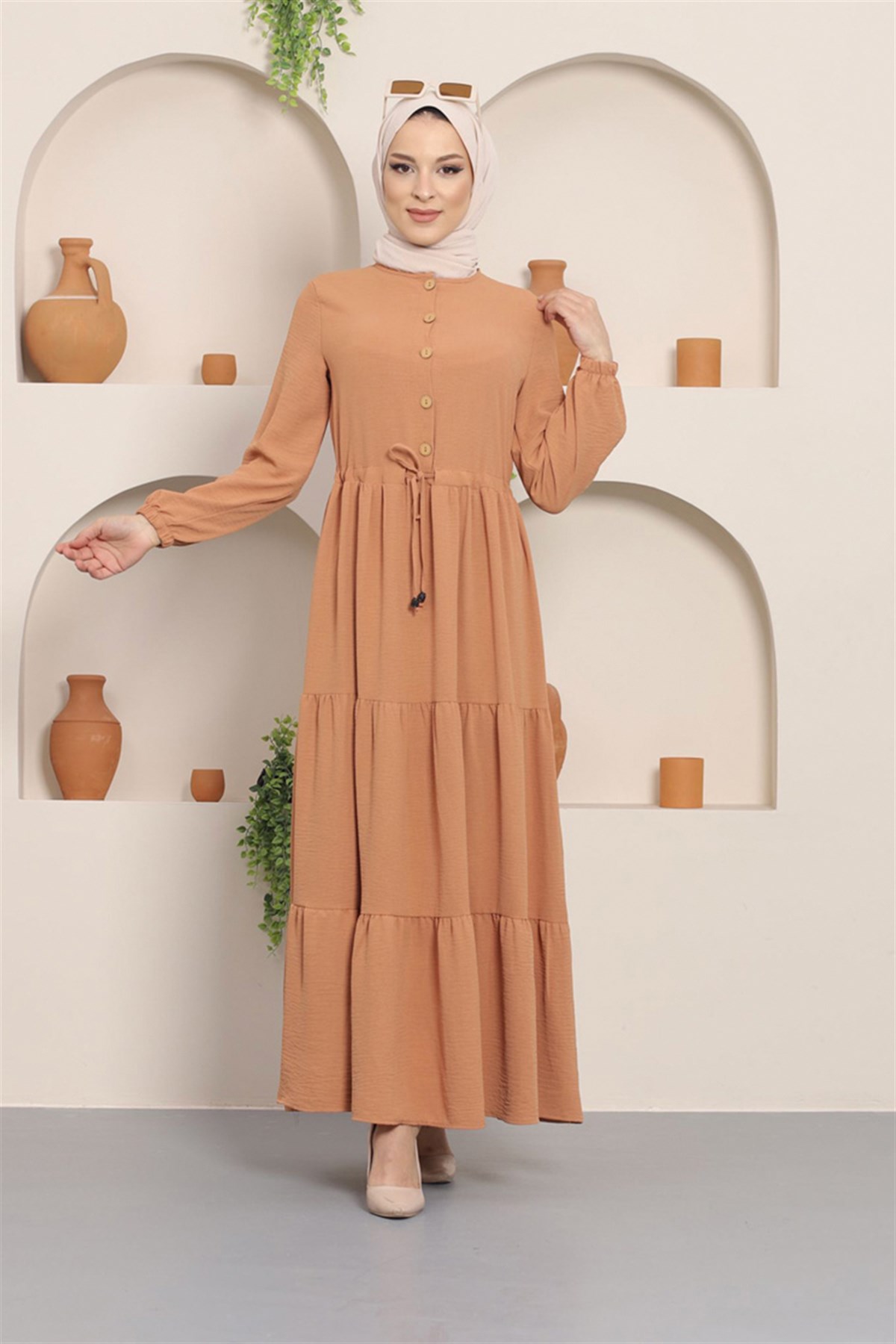 Büzgülü Düğmeli Aerobin Elbise Taba