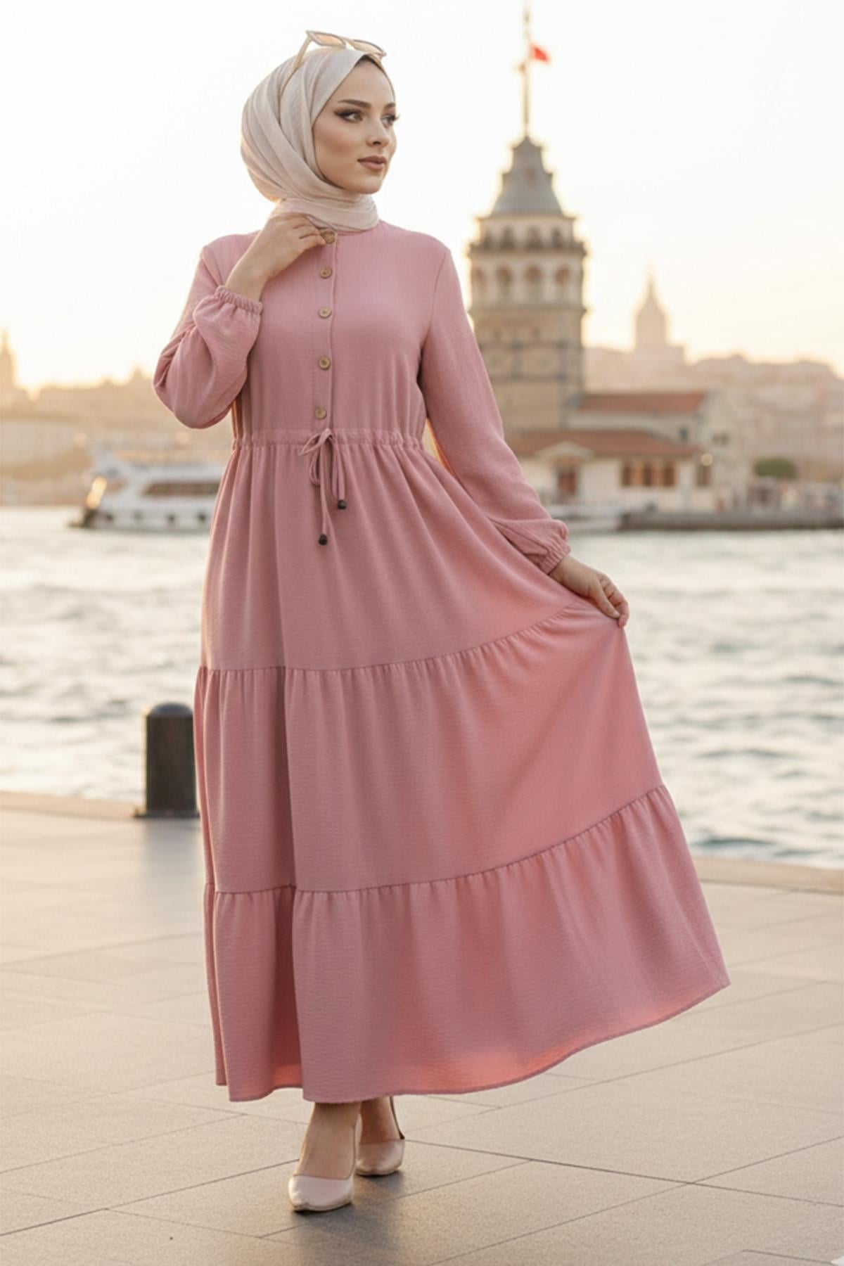 Büzgülü Düğmeli Bağcıklı Ayrobin Elbise Pembe HM268811