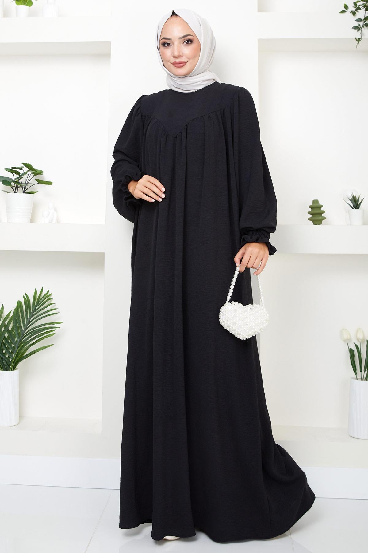 Büzgülü Robalı Elbise Siyah HM2501
