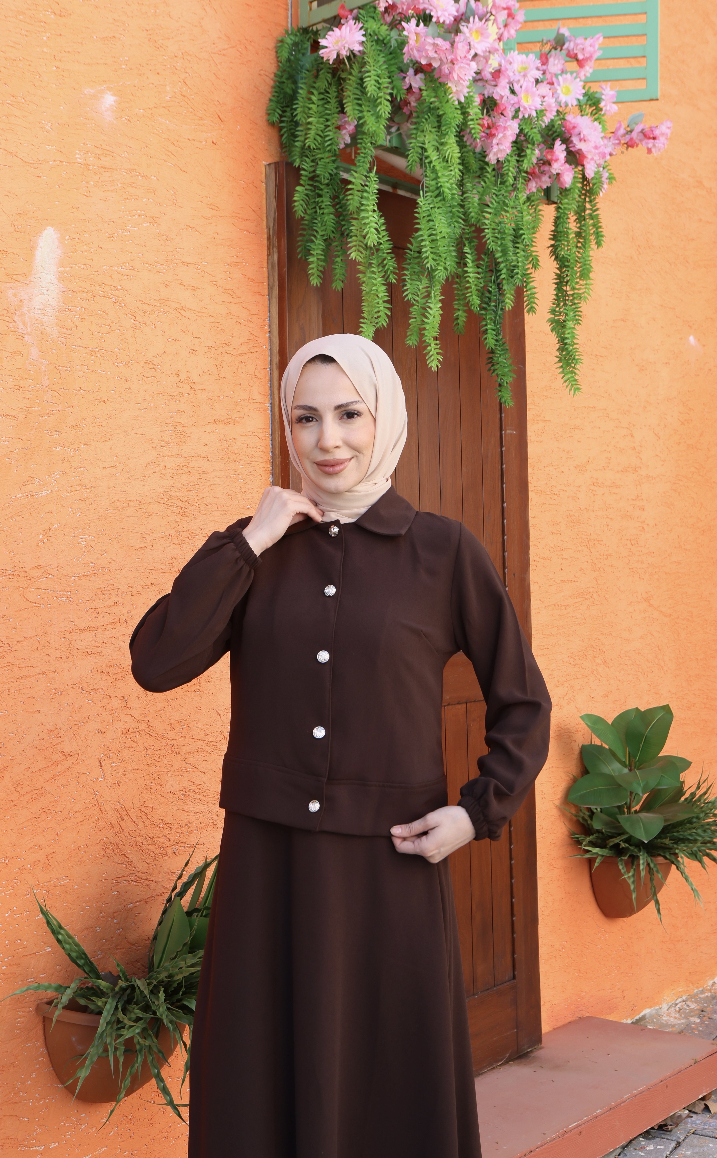 Ceketi Düğmeli Jile Elbise Kahve HNT8590