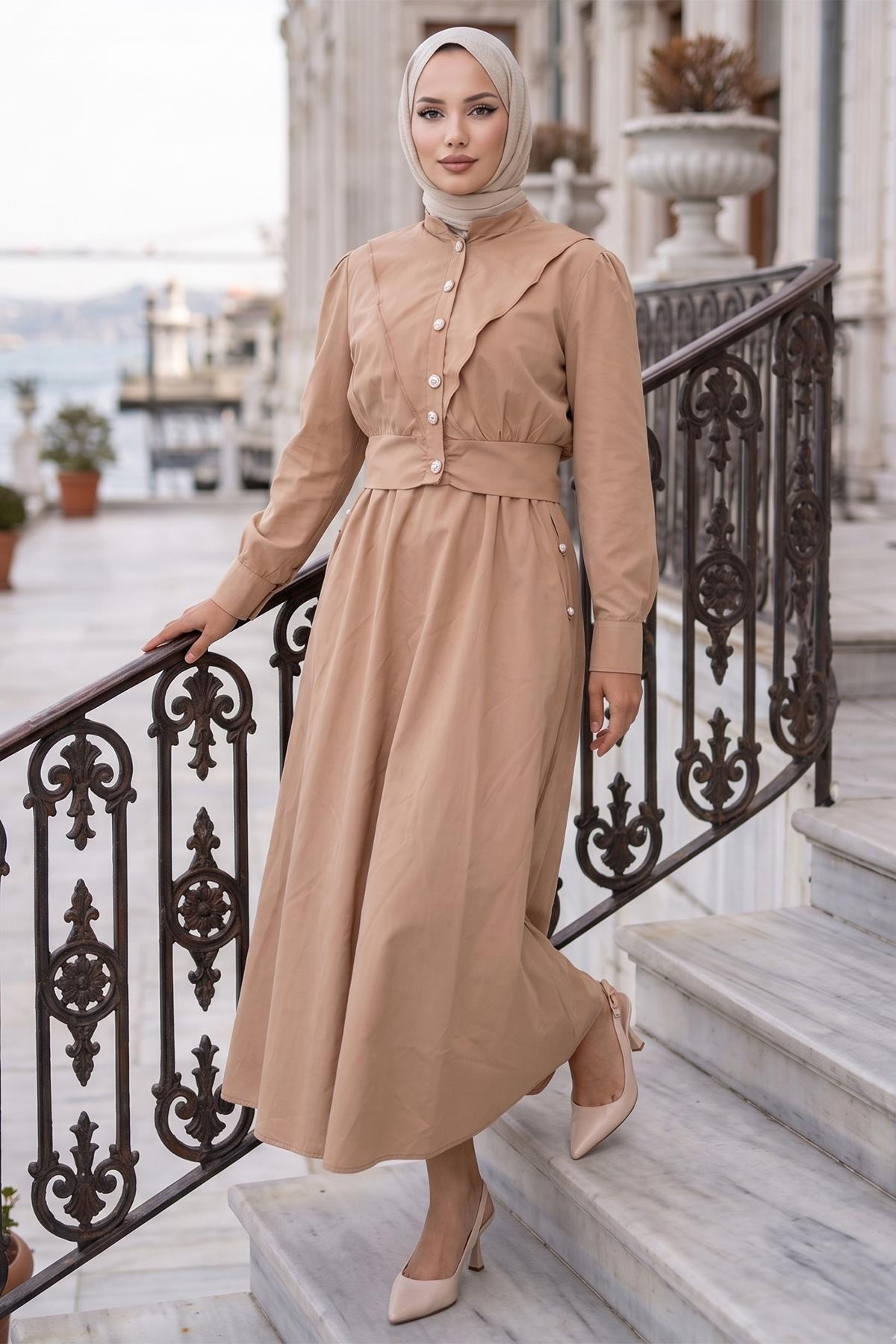 Ceketli Cepli Beli Bağlamalı Jile Elbise Camel HM262785