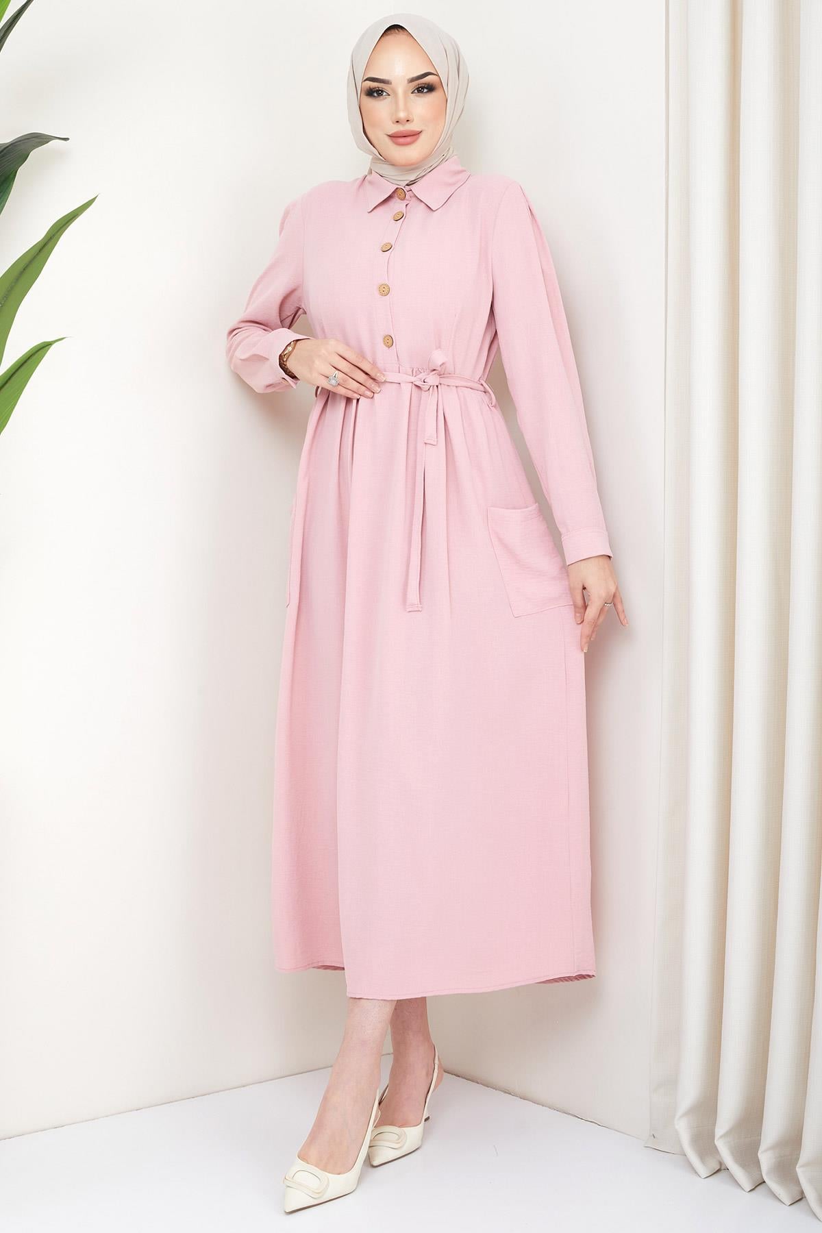 Cepli Düğmeli Tesettür Elbise Pembe