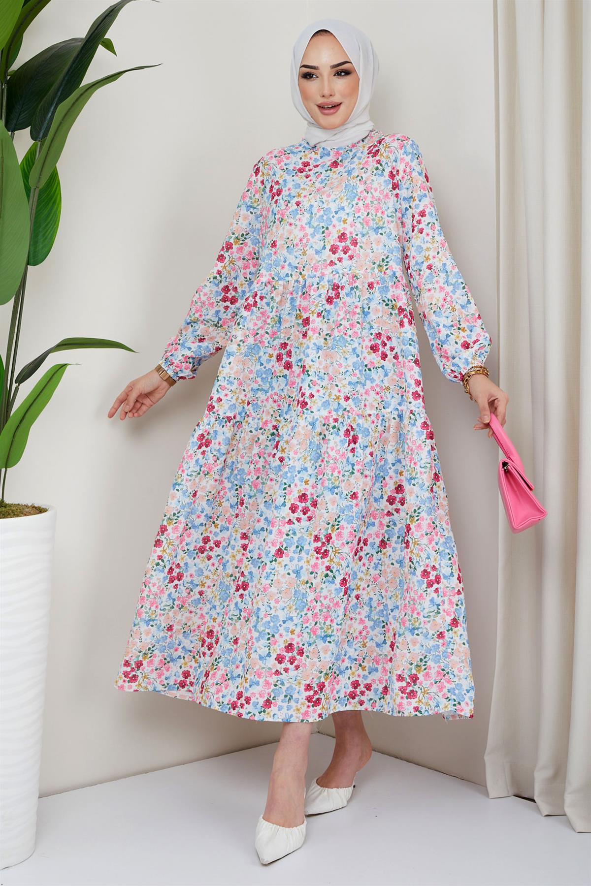 Çiçek Baskılı Elbise Beyaz