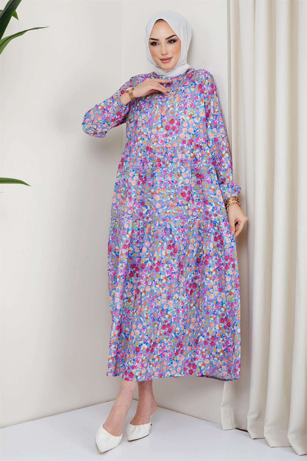 Çiçek Baskılı Elbise Lila