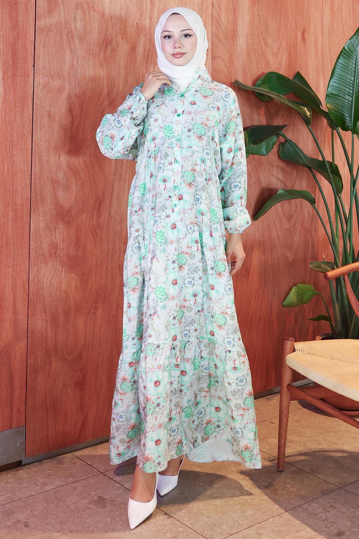 Çiçek Desenli Modal Elbise Mint HM2797