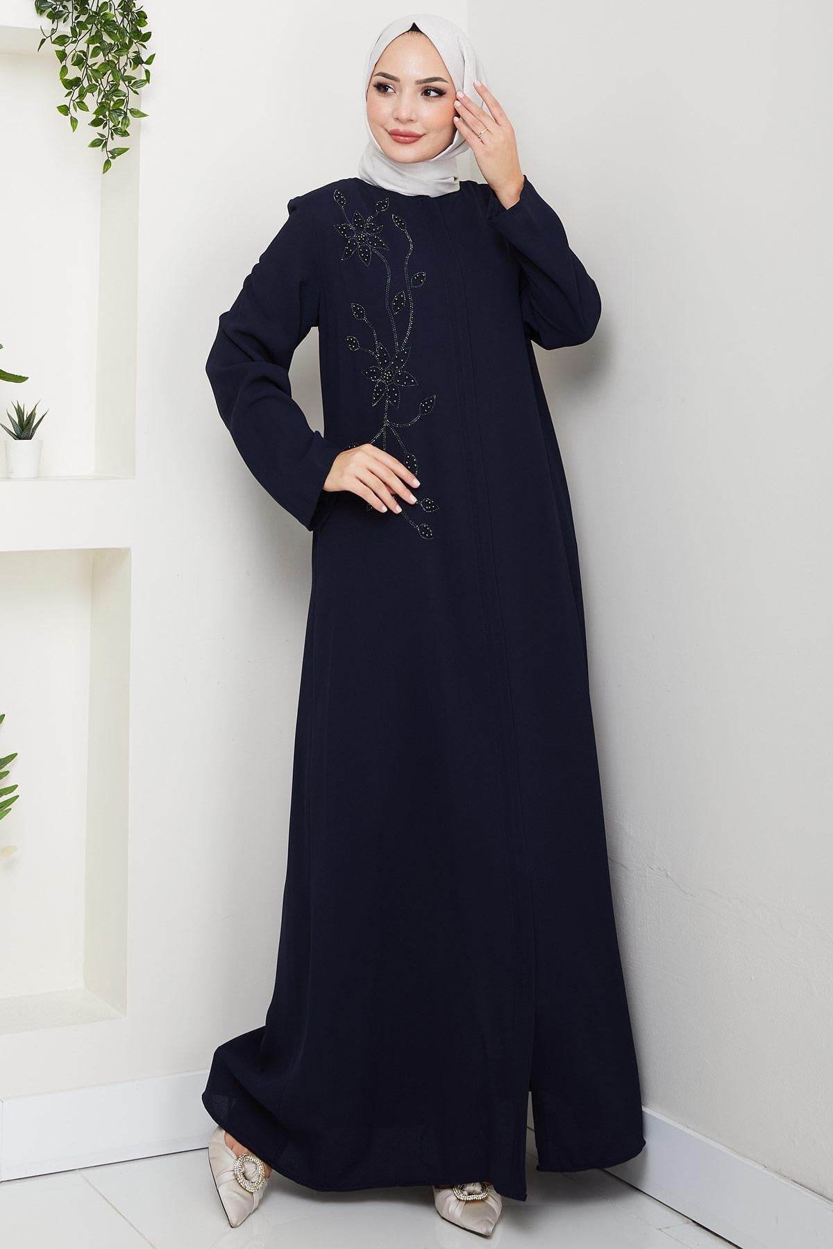 Çiçek Detay Taşlı Ferace Lacivert HM2847
