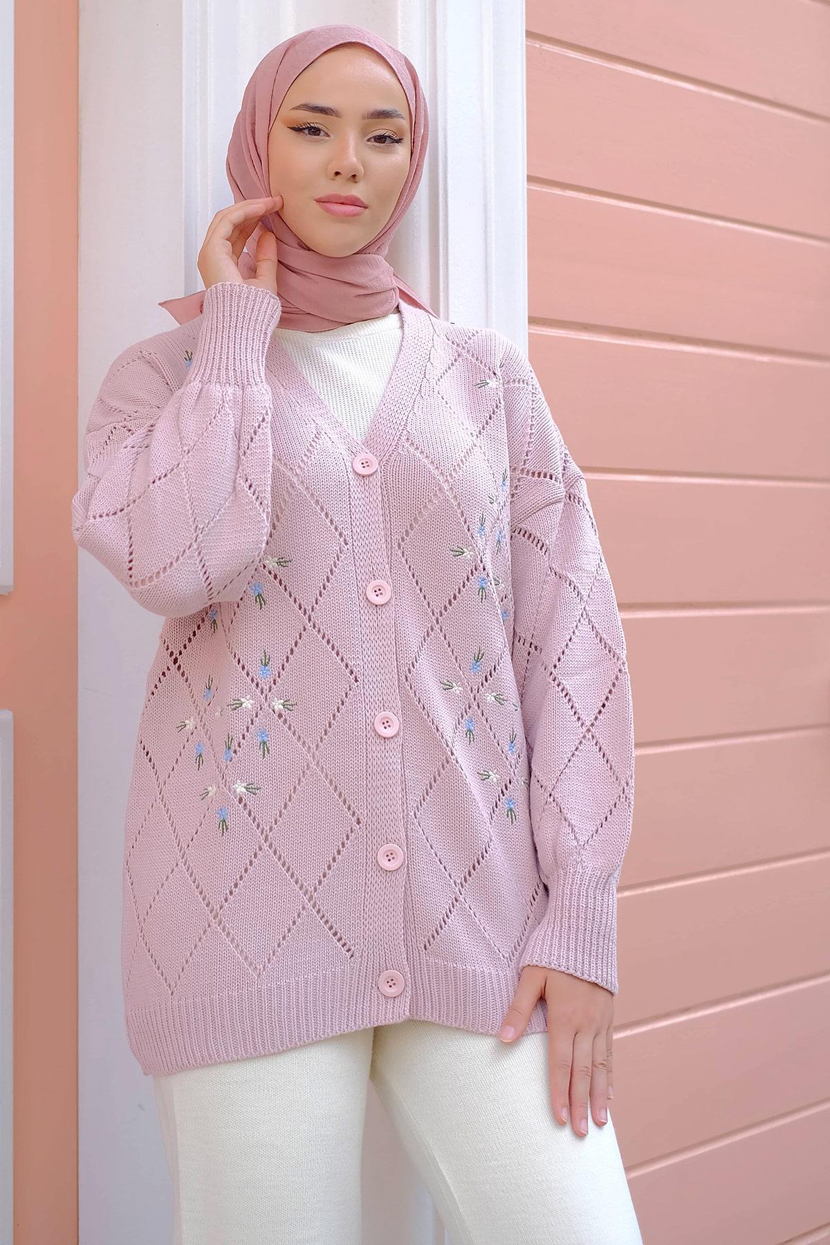 Çiçek Nakışlı Triko Hırka Pudra HM2228