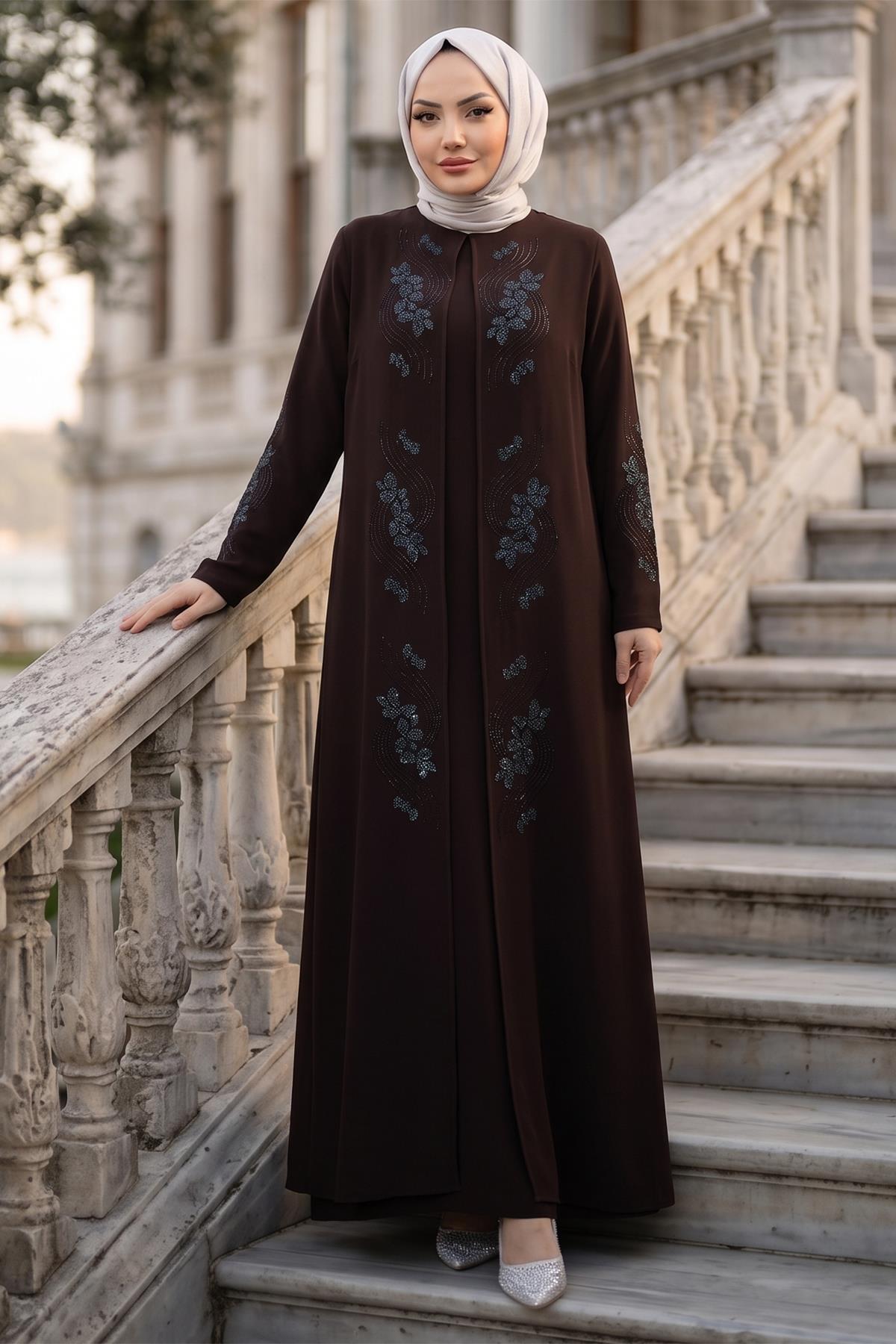 Çiçek Taş İşlemeli Şık Tesettür Anne Elbisesi Acı Kahve HM2905