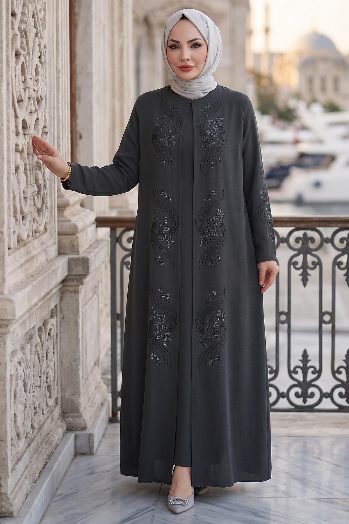 Çiçek Taş İşlemeli Şık Tesettür Anne Elbisesi Antrasit HM2905
