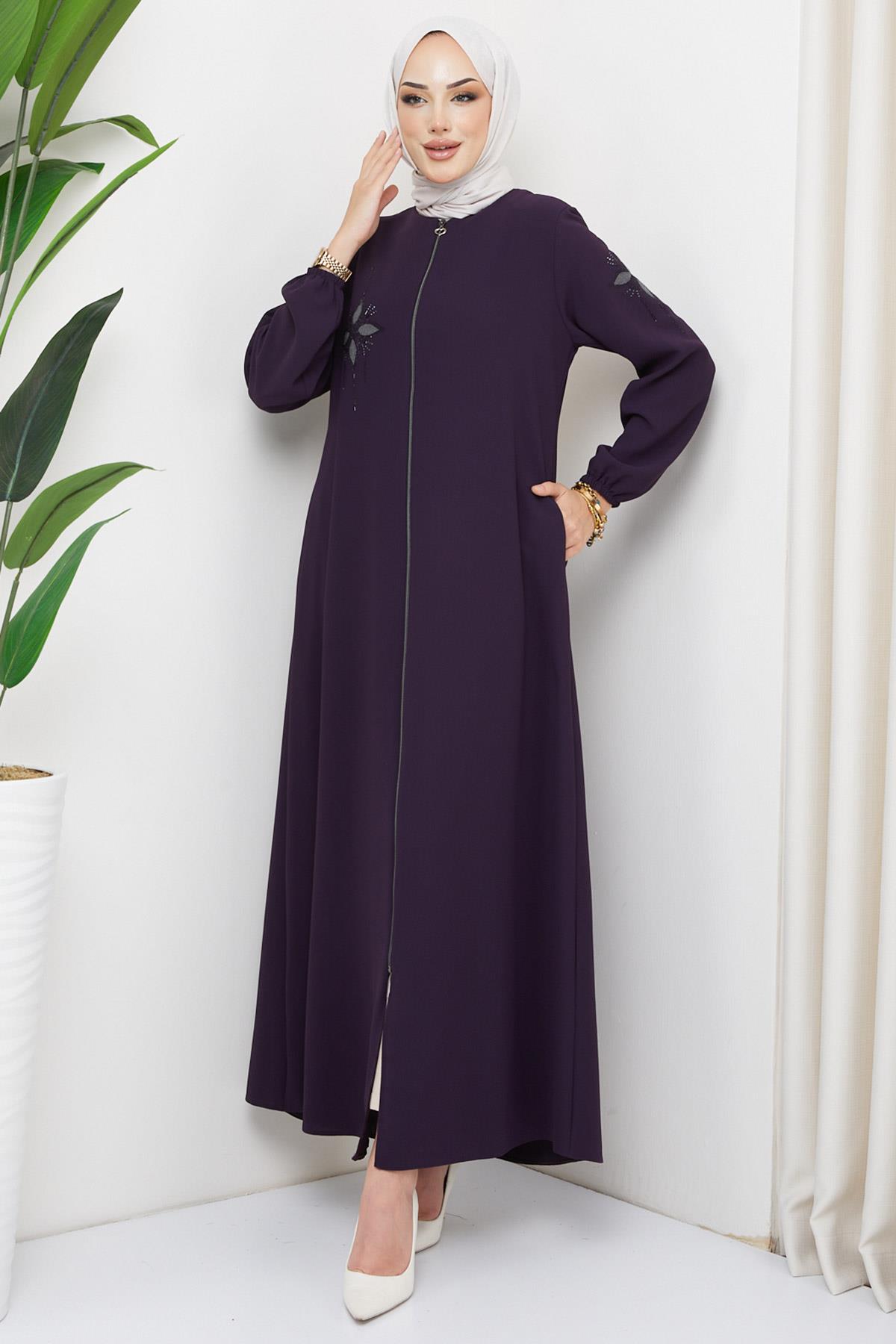 Çiçek Taşlı Ferace Mürdüm HM2302