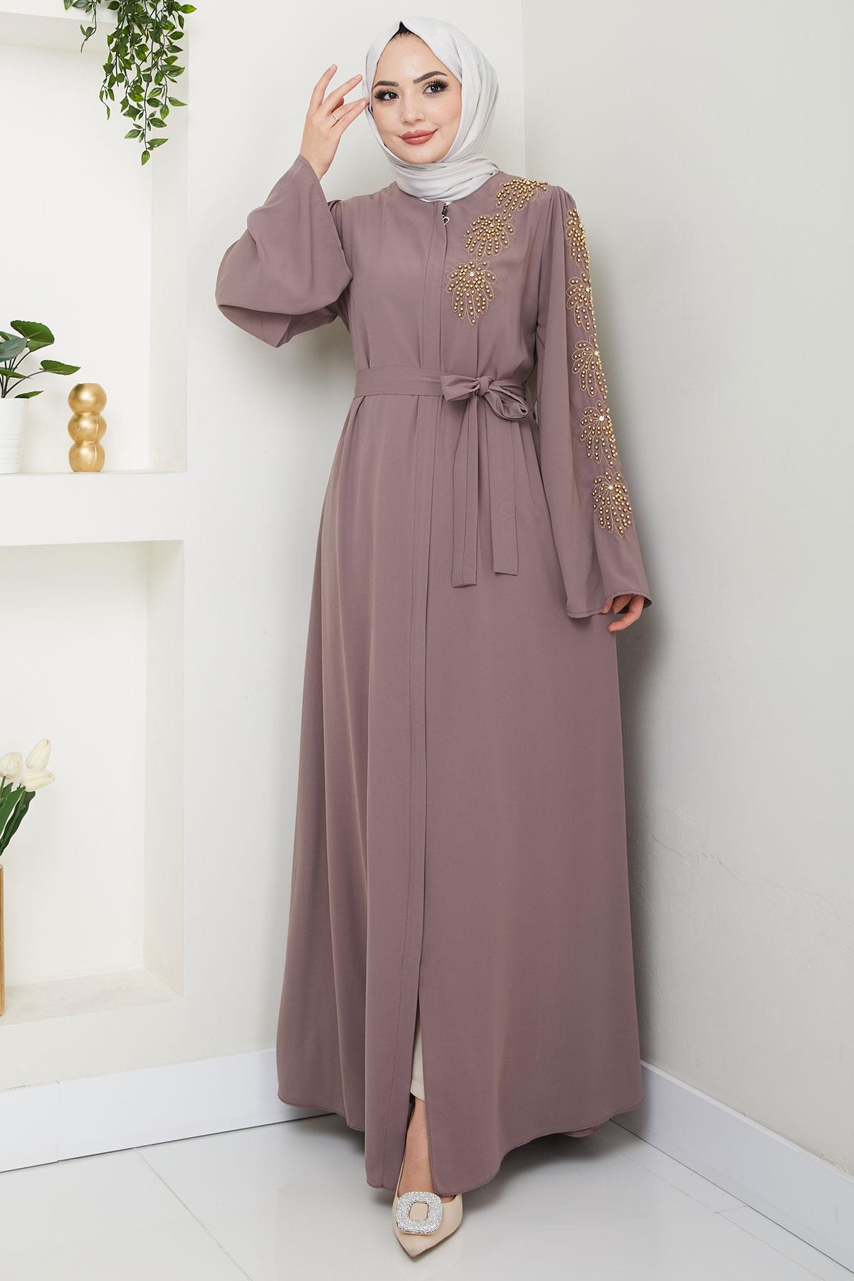 Çiçek Taşlı Kuşaklı Ferace Vizon HM2713