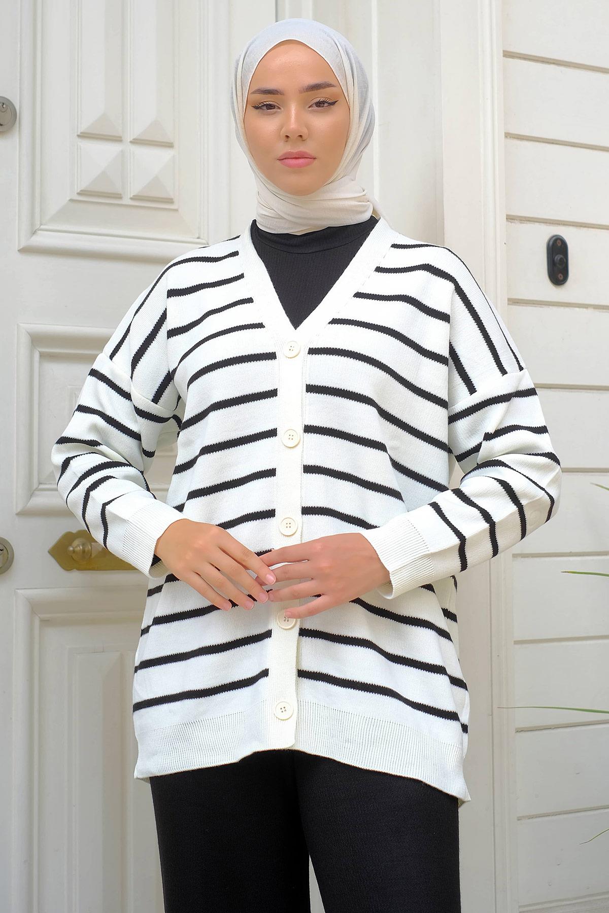 Çizgi Desen Triko Hırka Beyaz HM2231