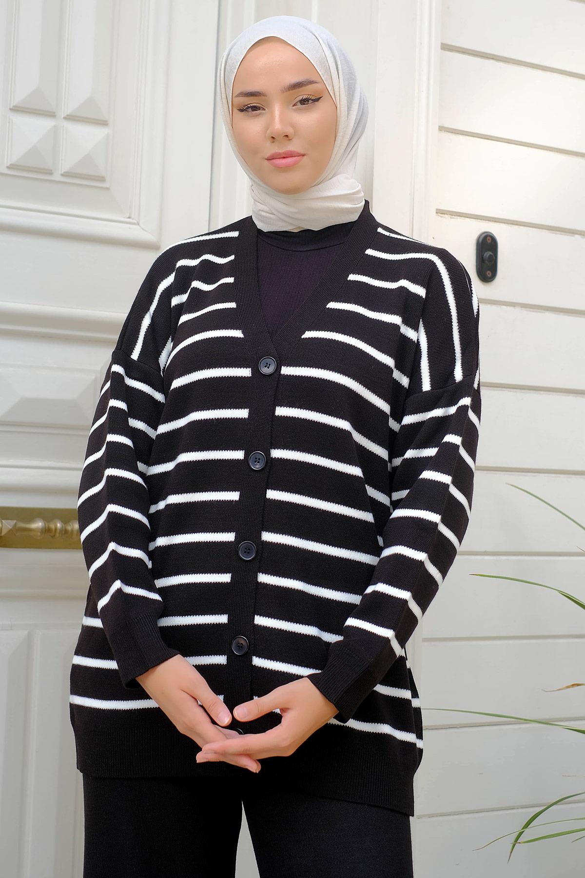 Çizgi Desen Triko Hırka Siyah HM2231