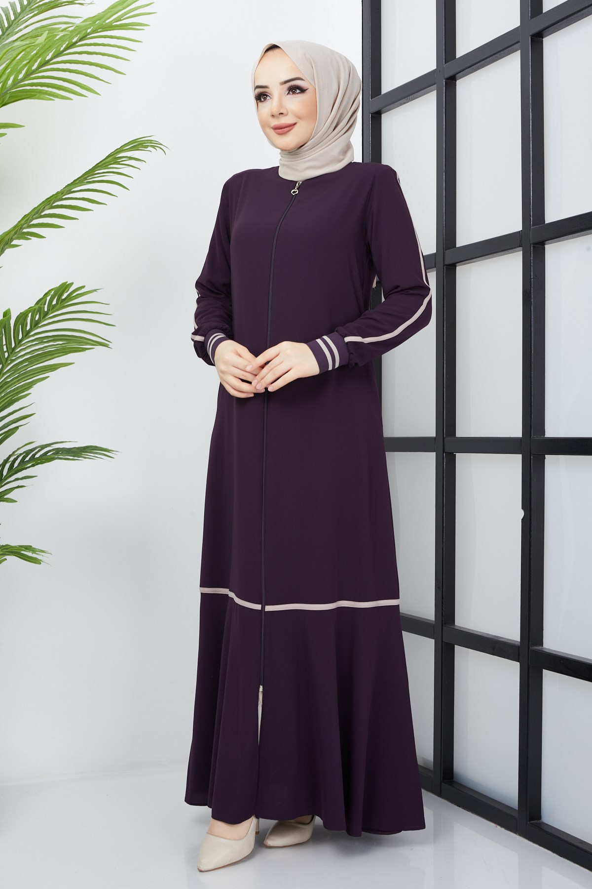 Çizgi Detaylı Mürdüm Ferace 