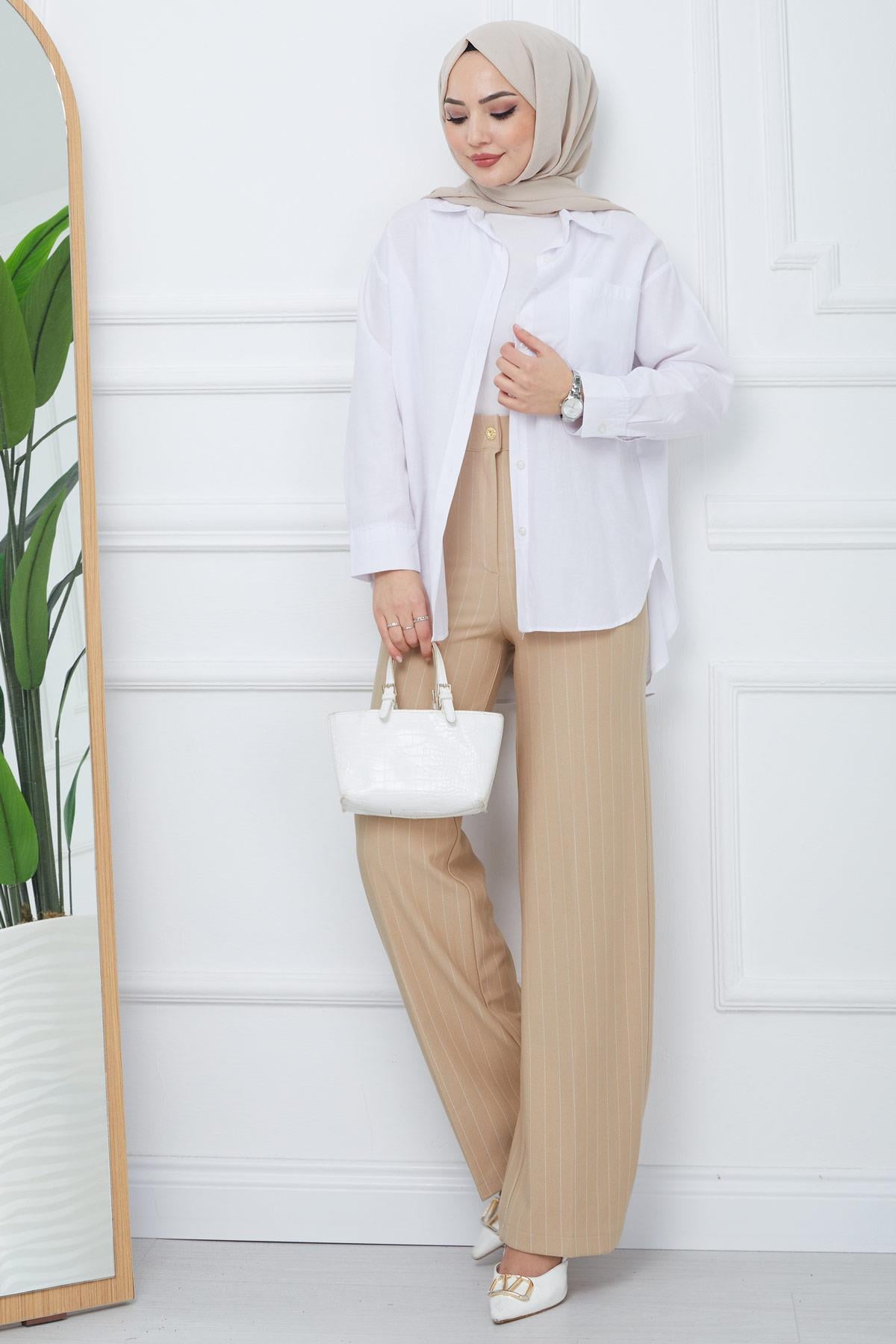 Çizgili Bol Paça Krep Pantolon Bej HM2355