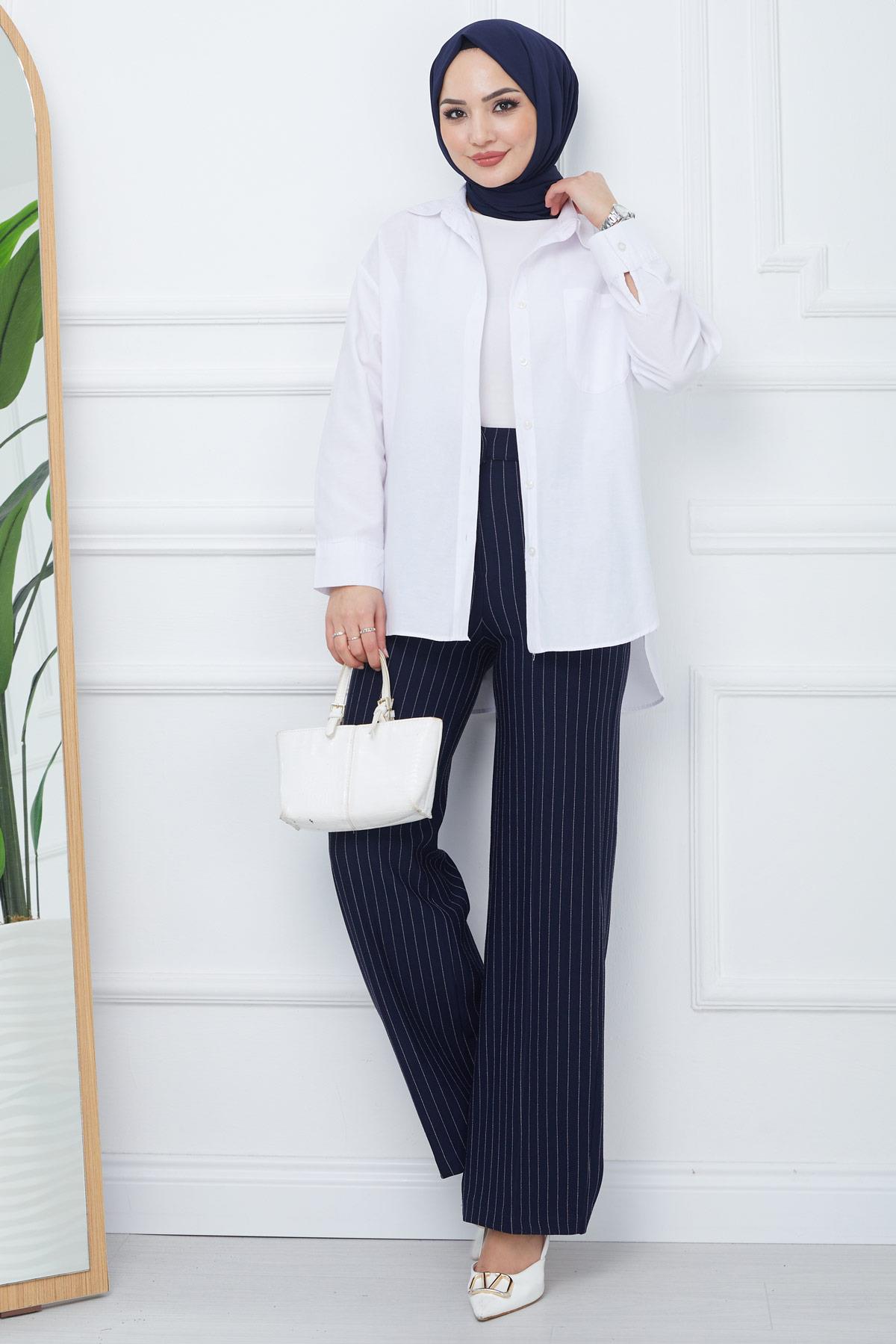 Çizgili Bol Paça Krep Pantolon Lacivert HM2355