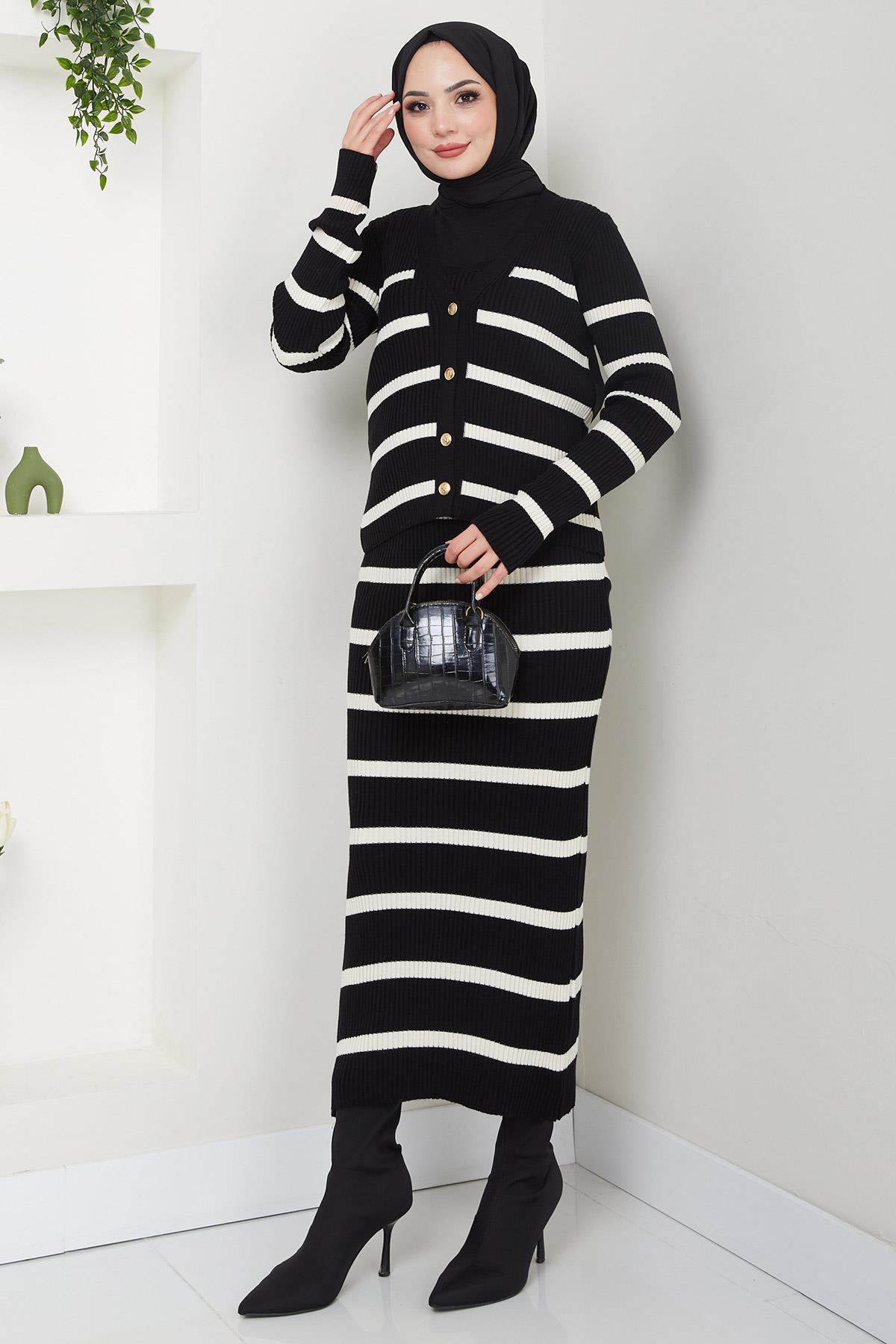 Çizgili Ceketli Jile Triko Takım Siyah HM2634