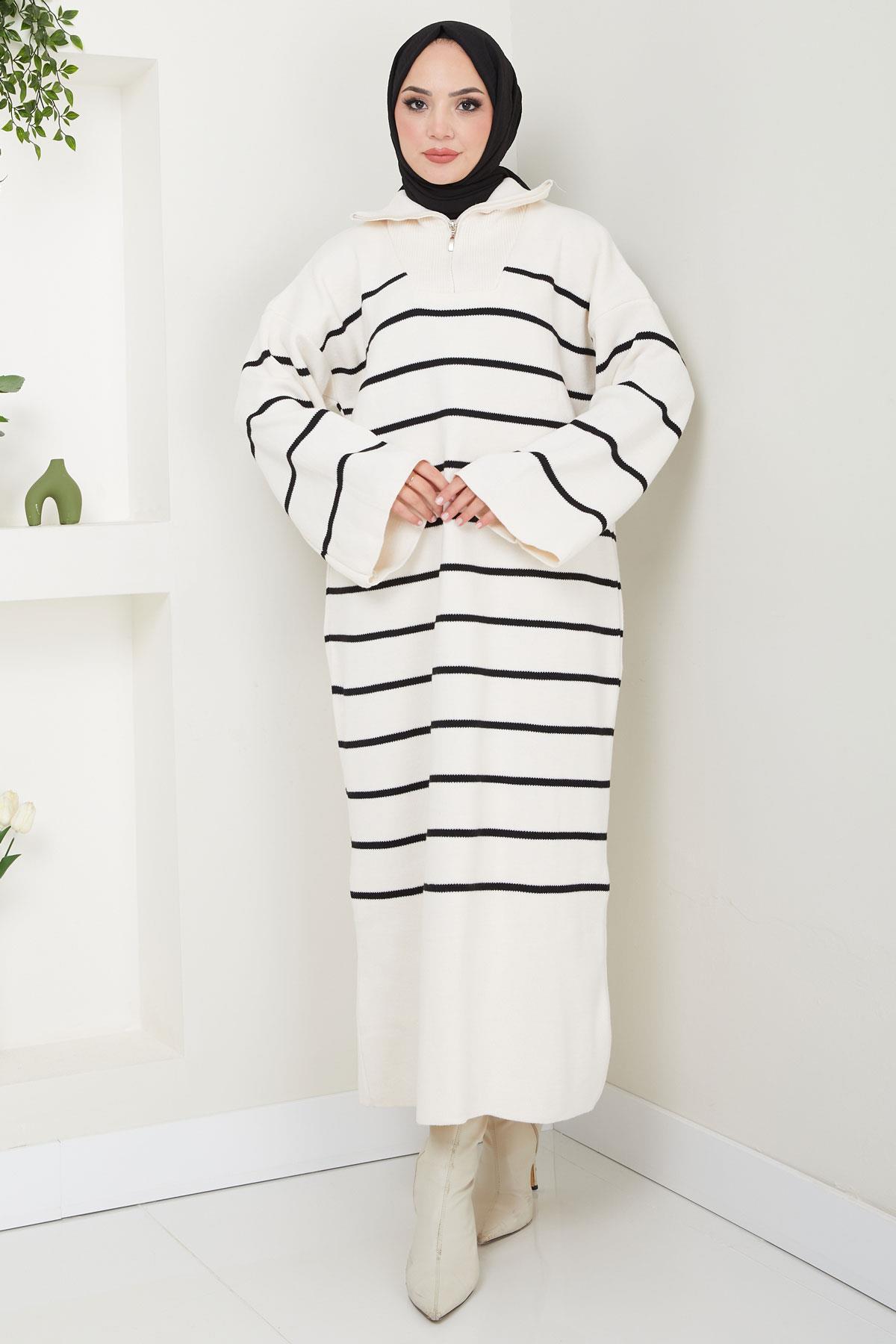 Çizgili İspanyol Kol Fermuarlı Kamyoncu Yaka Triko Elbise Beyaz HM2566