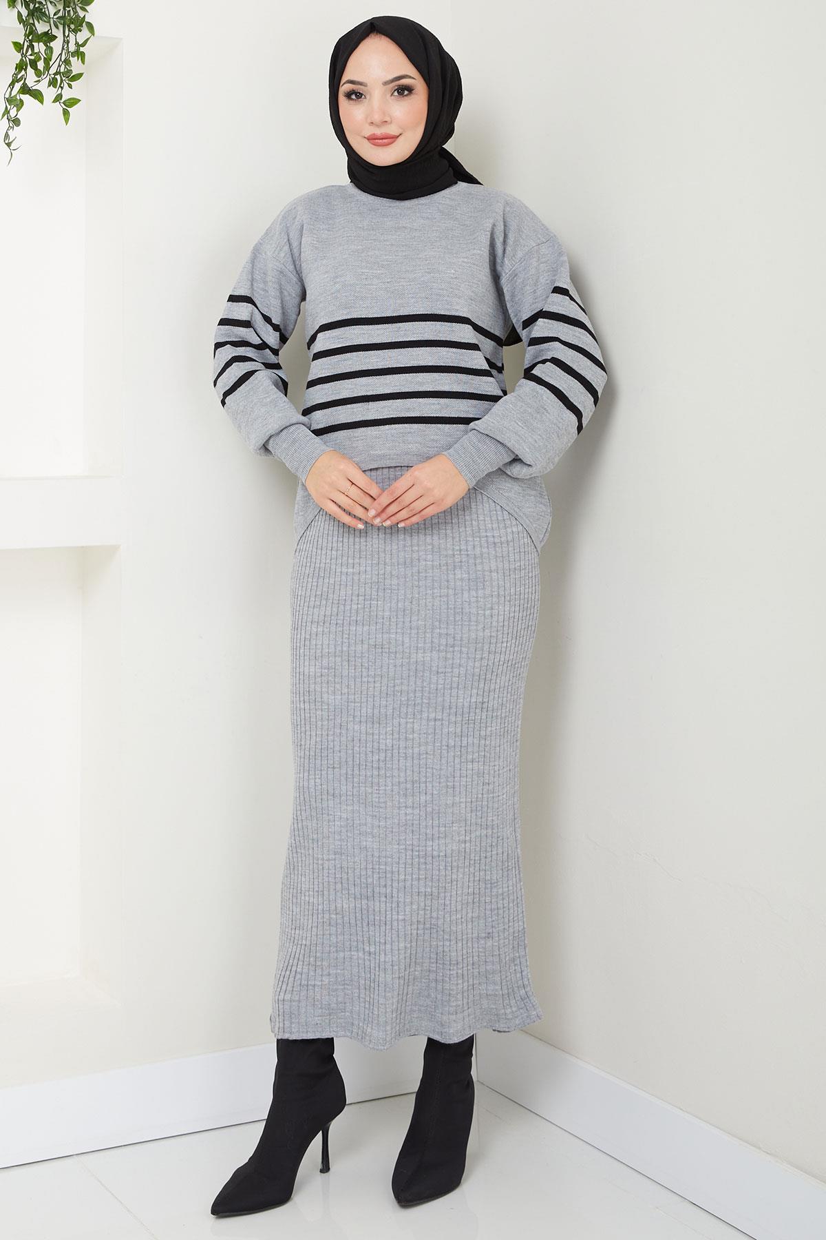 Çizgili Jile Kazak Triko Takım Gri HM2596