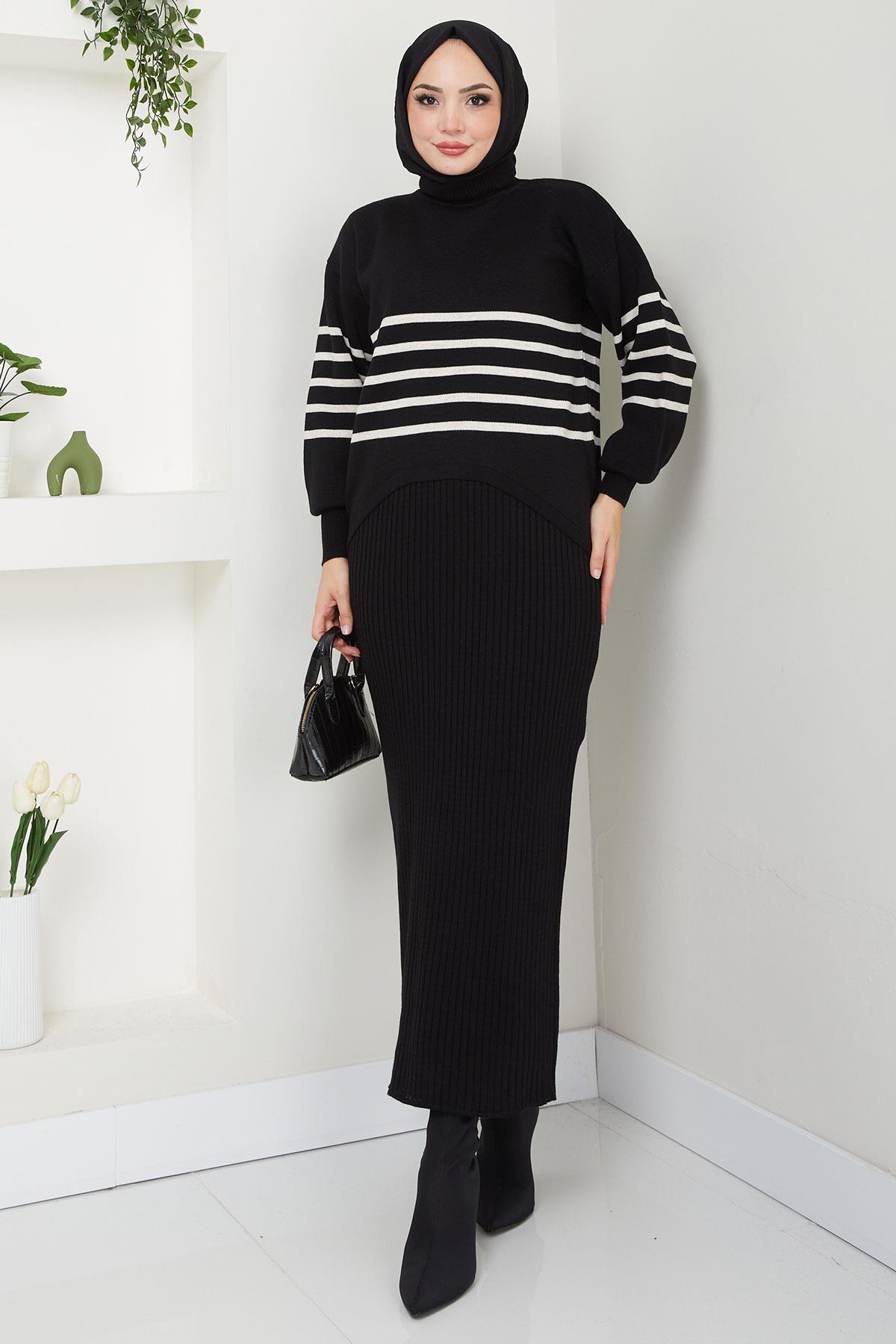 Çizgili Jile Kazak Triko Takım Siyah HM2596