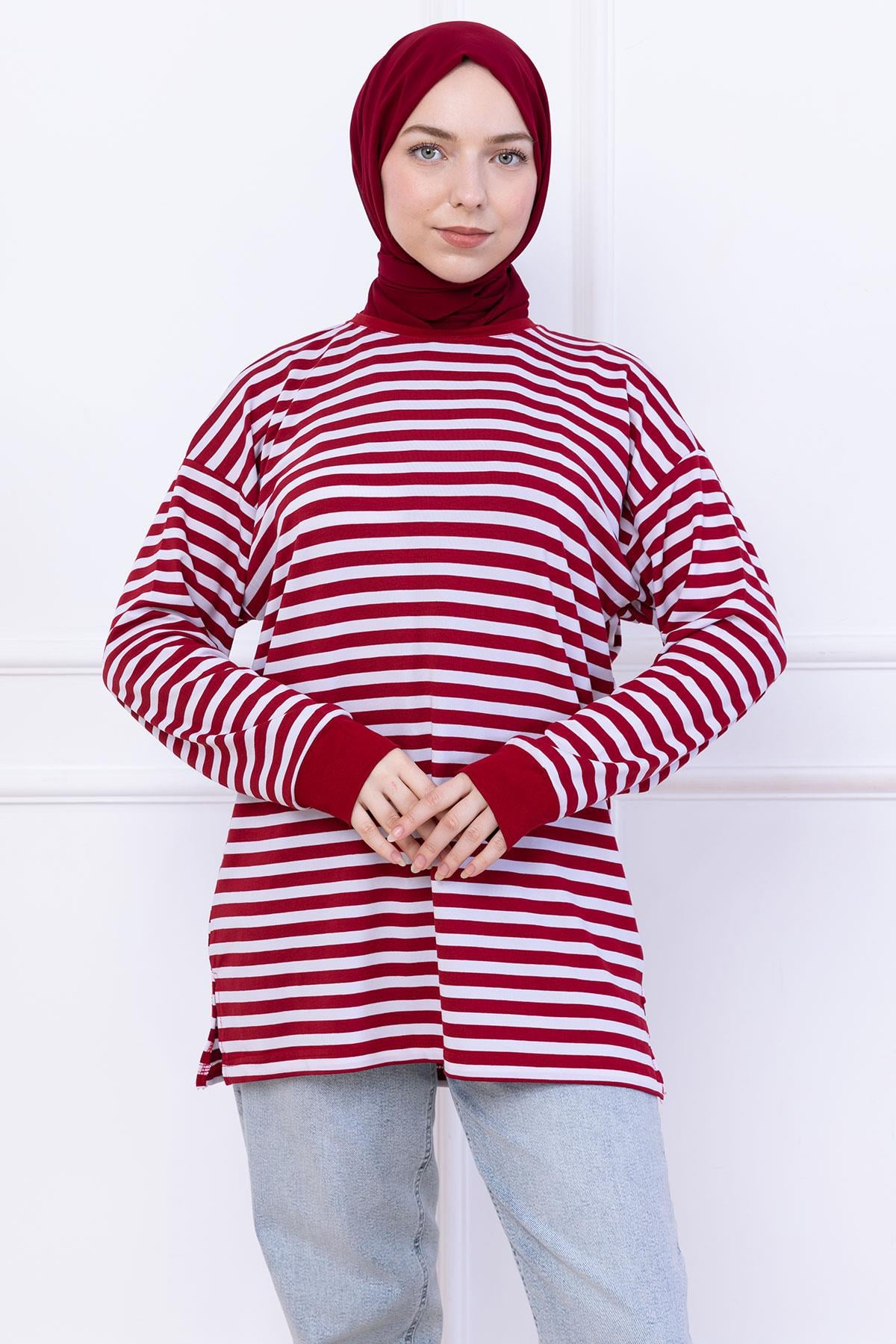 Çizgili Kısa Penye Tunik Bordo HM2477