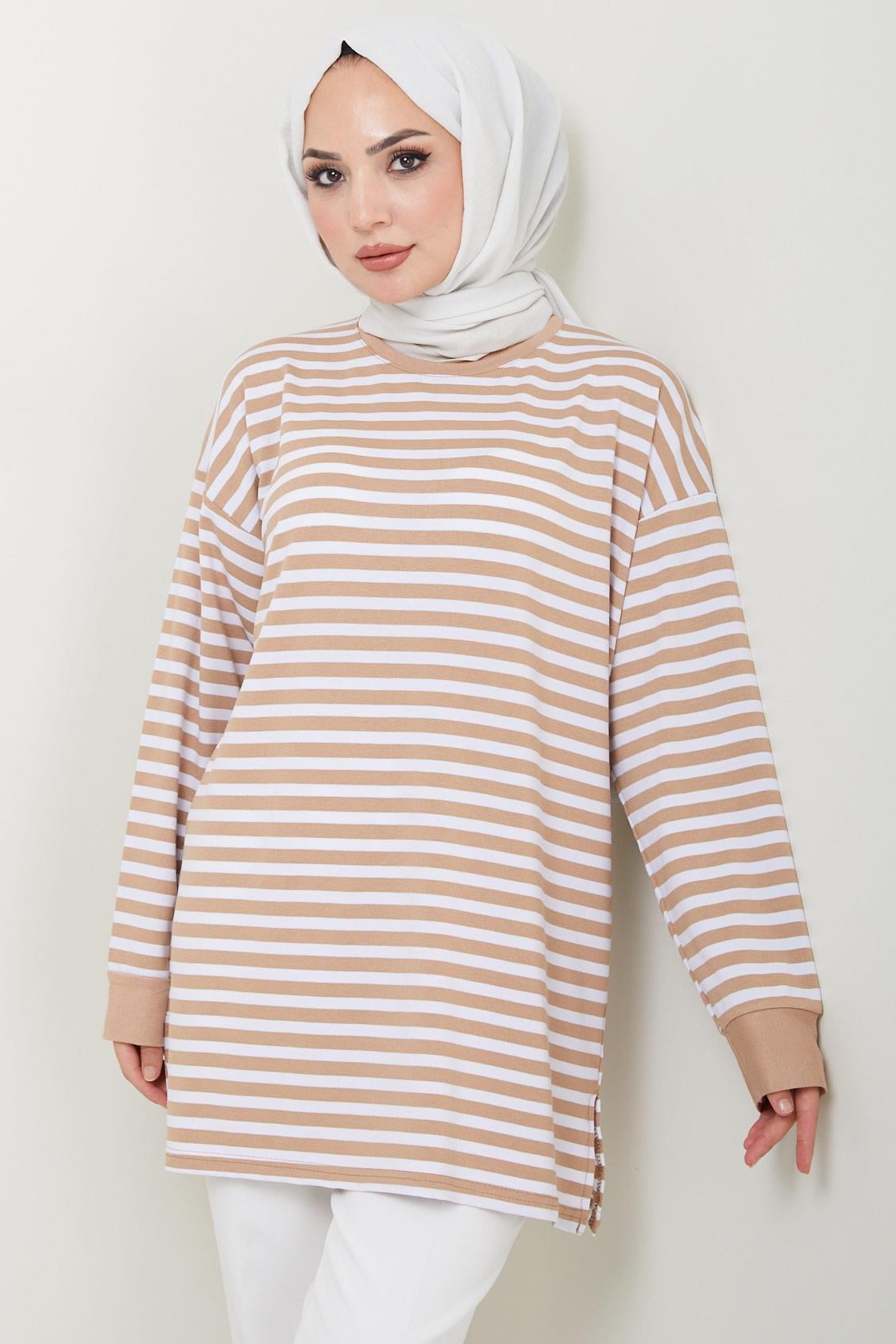 Çizgili Kısa Penye Tunik Camel HM2477