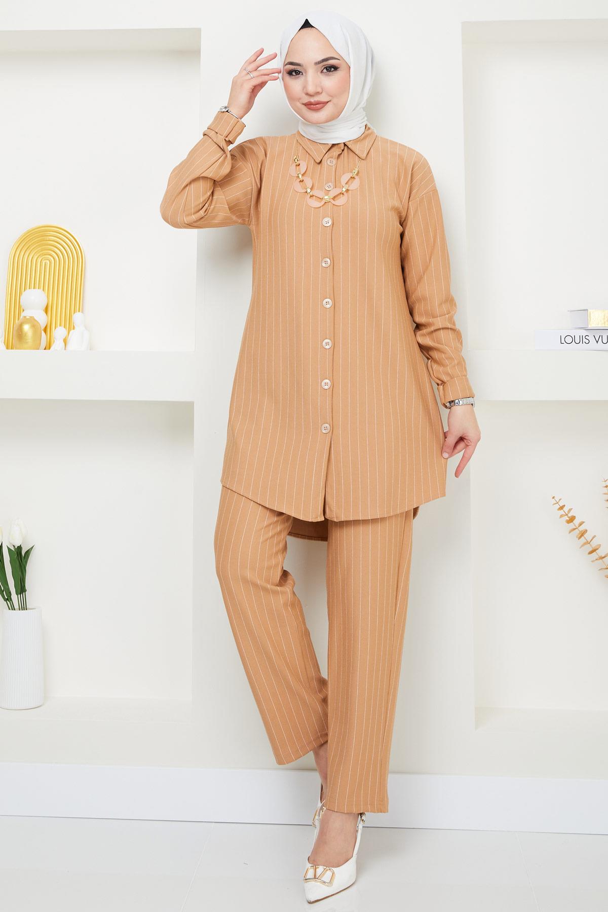Çizgili Krep İkili Takım Camel HM2375