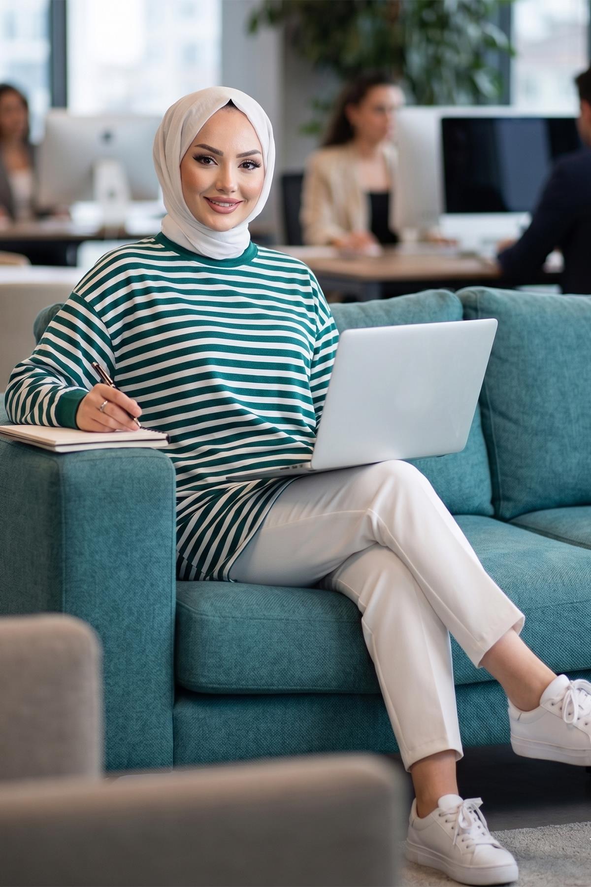 Çizgili Penye Tunik Yeşil HM2917