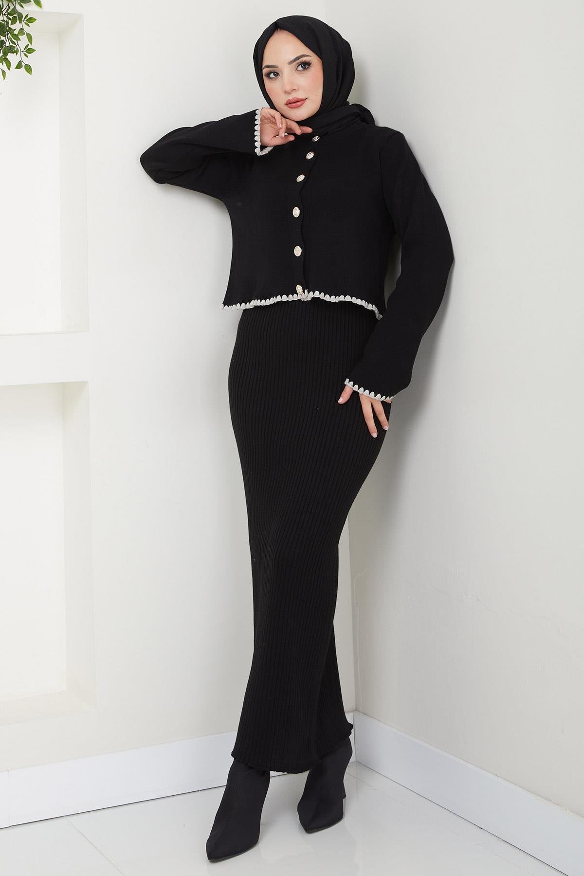 Çoban Dikişli Hırka ve Jile Triko Takım Siyah HM2613