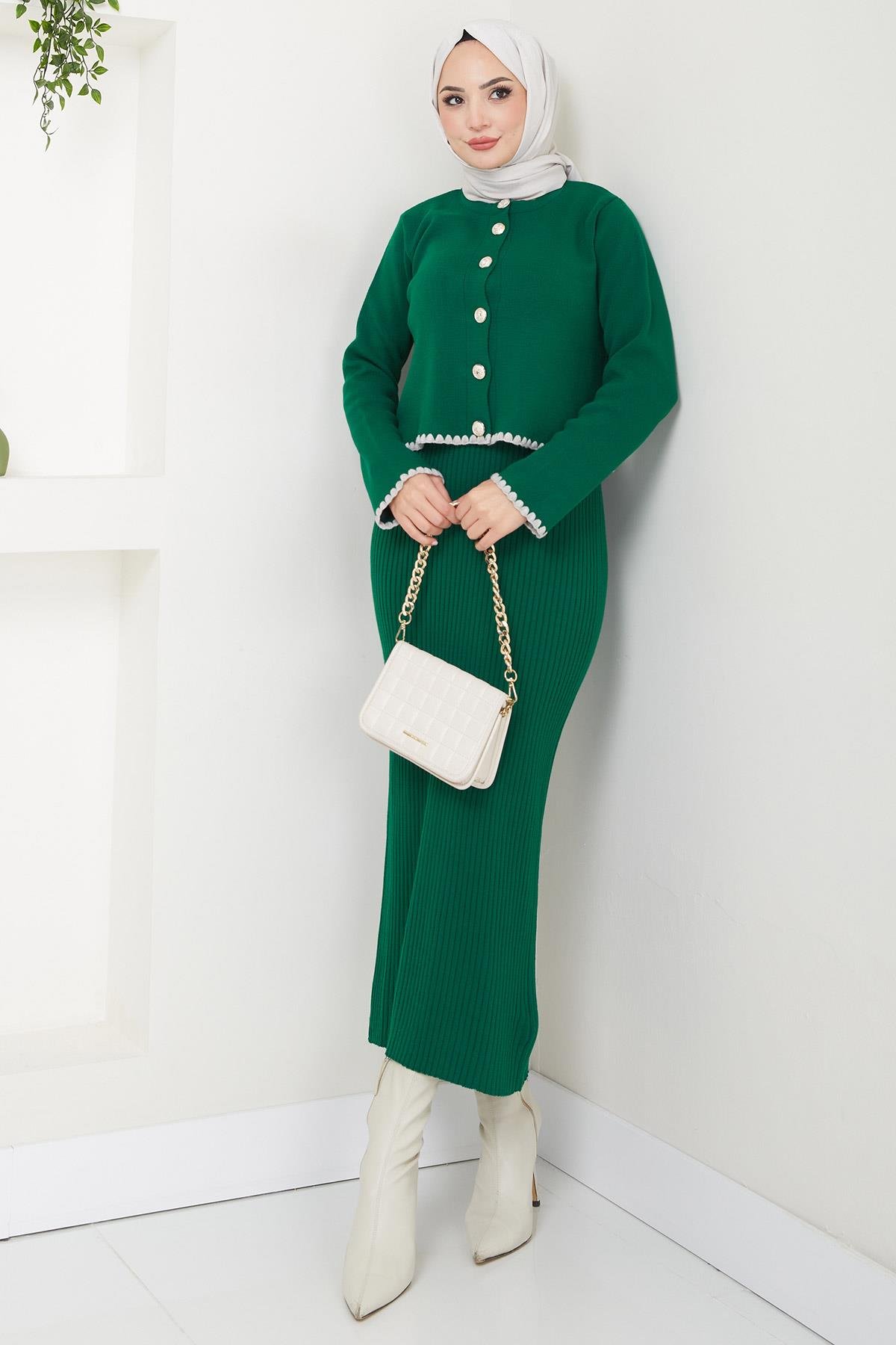 Çoban Dikişli Hırka ve Jile Triko Takım Zümrüt HM2613