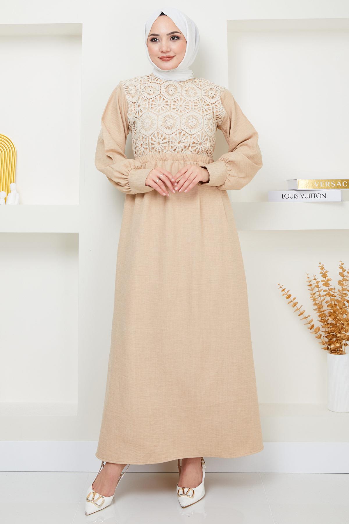 Dantel Detaylı Elbise Bej HM2368