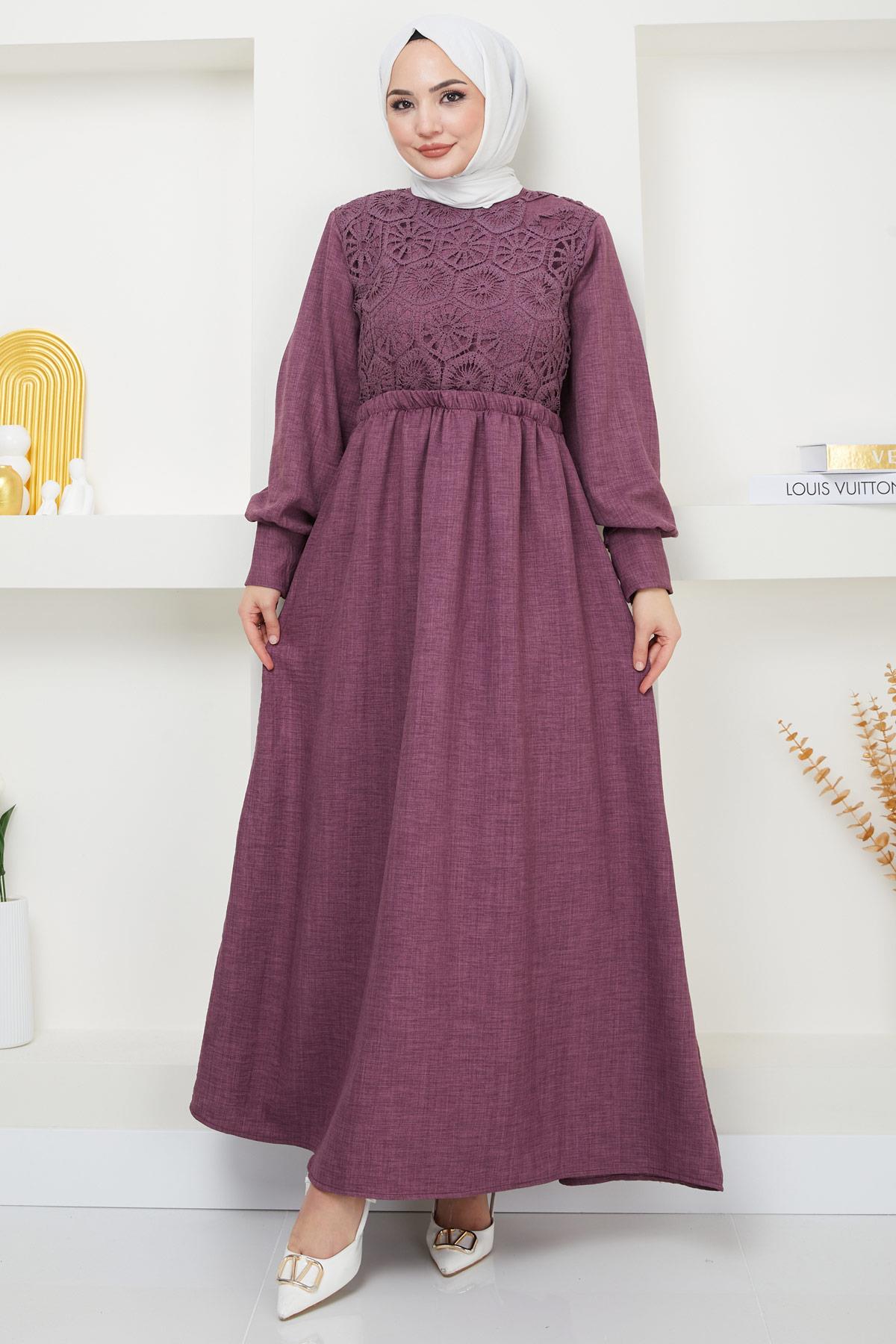Dantel Detaylı Elbise Mürdüm HM2368