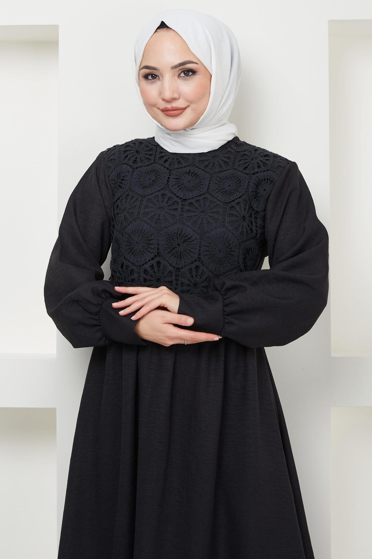 Dantel Detaylı Elbise Siyah HM2368