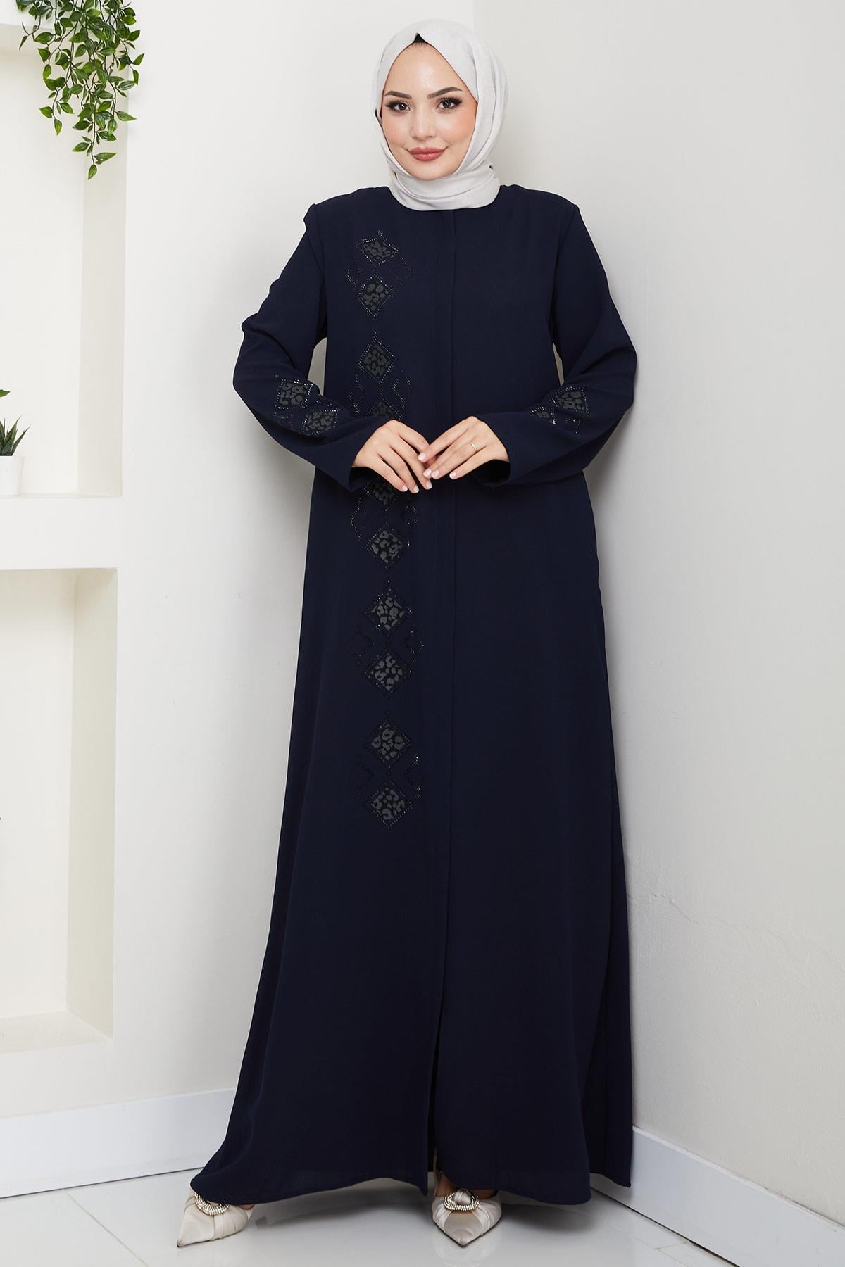 Deri İşlemeli Ferace Lacivert HM2849